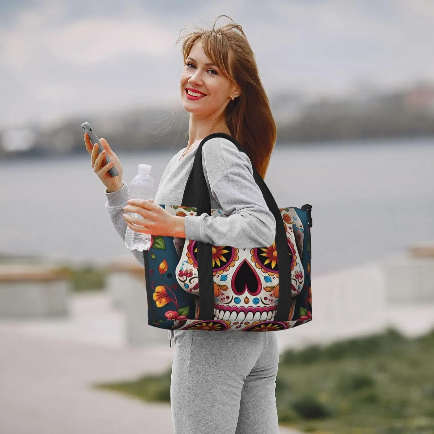 Gym Bags Small Colorful Sugar Skull Duffel Bag Overnight Bag with Shoe Compartment Carryon Bag for Men Women