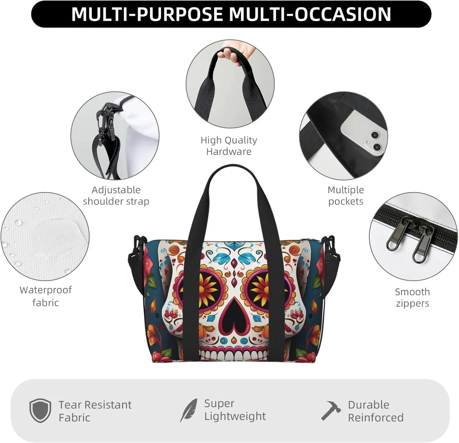 Gym Bags Small Colorful Sugar Skull Duffel Bag Overnight Bag with Shoe Compartment Carryon Bag for Men Women