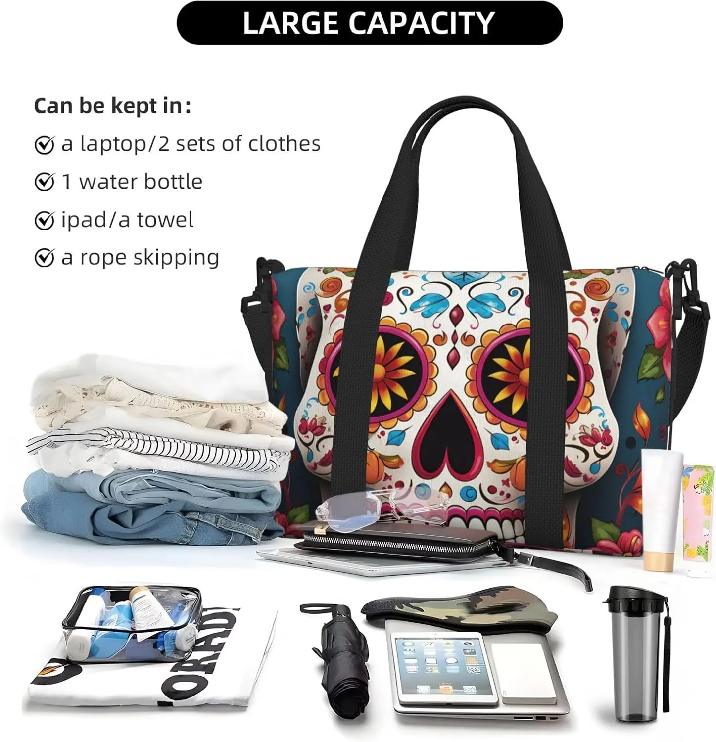 Gym Bags Small Colorful Sugar Skull Duffel Bag Overnight Bag with Shoe Compartment Carryon Bag for Men Women