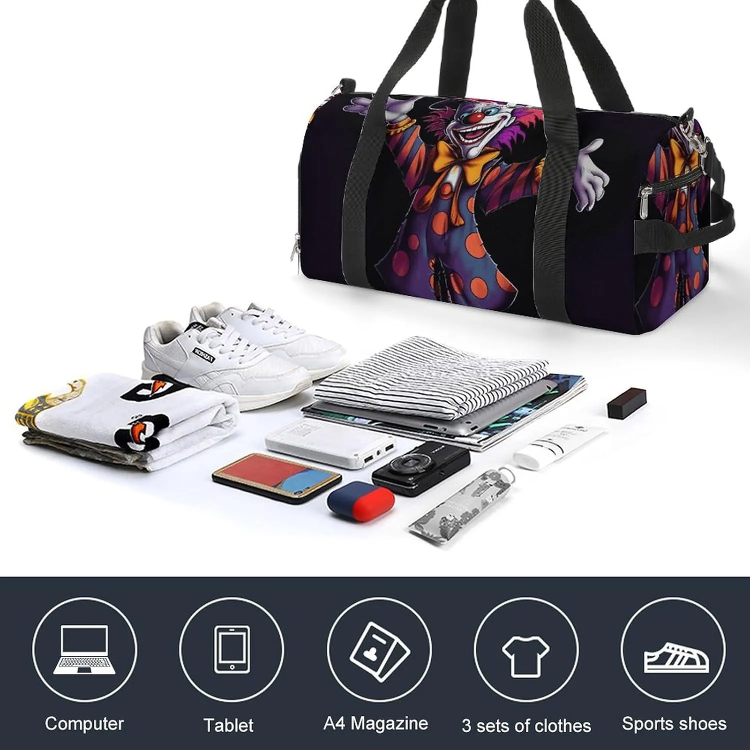 Gym Bags Small Cute Cartoon Clown Duffel Bag Overnight Bag with Shoe Compartment Carryon Bag for Men Women