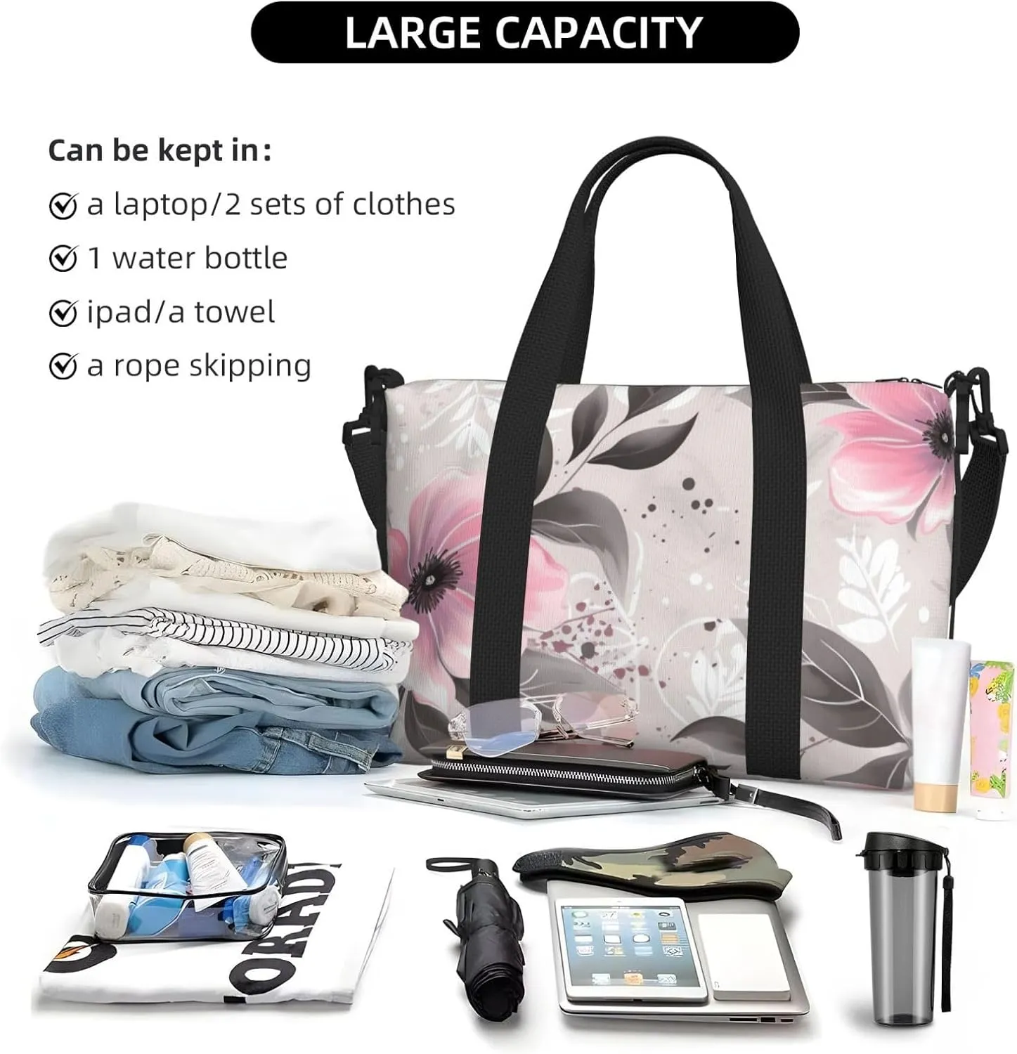 Gym Bags Small Flowers and Leaves on Gray Duffel Bag Overnight Bag with Shoe Compartment Carryon Bag for Men Women