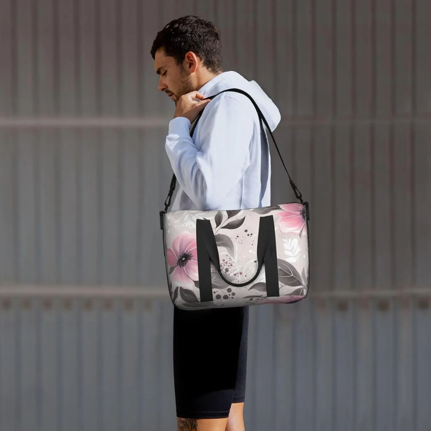Gym Bags Small Flowers and Leaves on Gray Duffel Bag Overnight Bag with Shoe Compartment Carryon Bag for Men Women