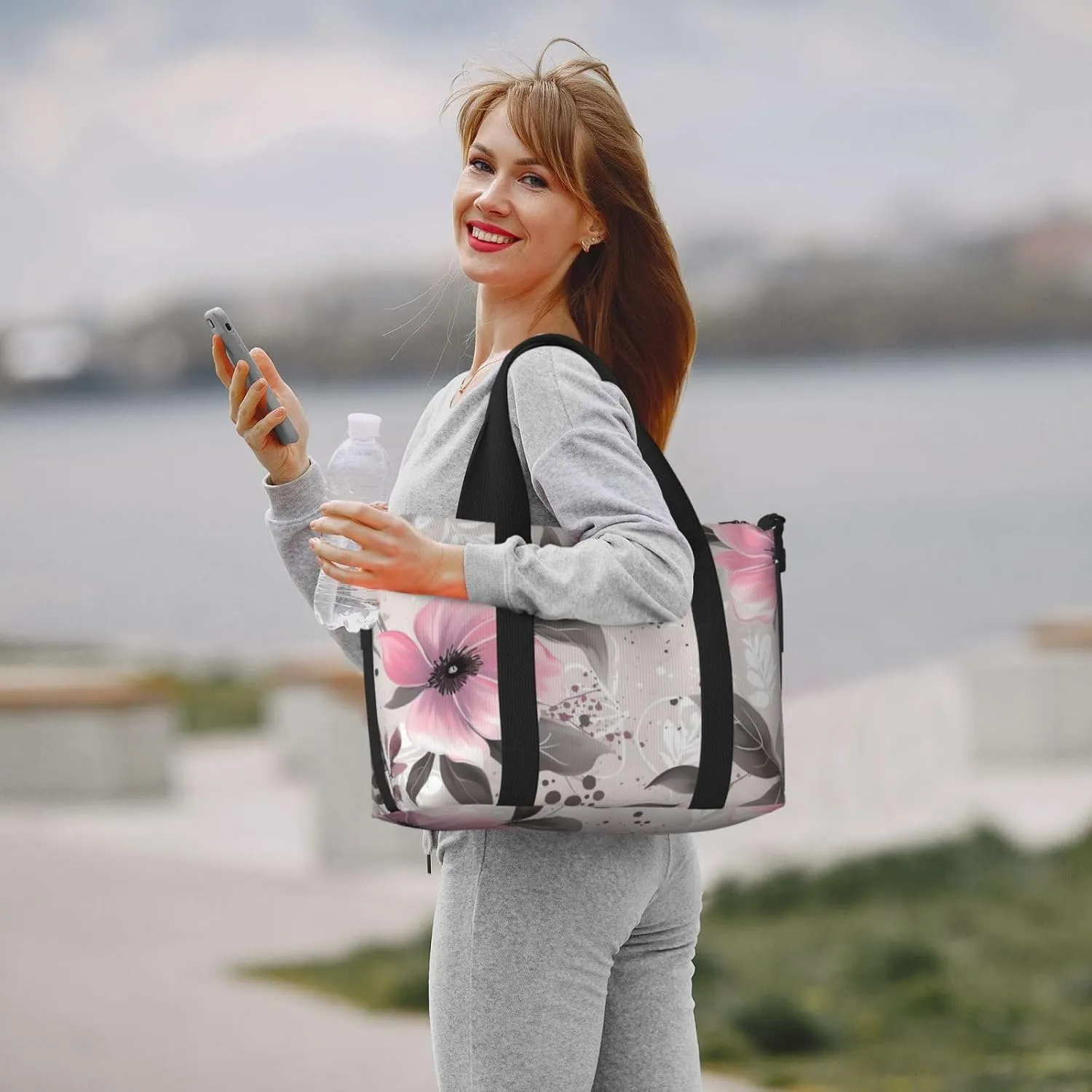 Gym Bags Small Flowers and Leaves on Gray Duffel Bag Overnight Bag with Shoe Compartment Carryon Bag for Men Women