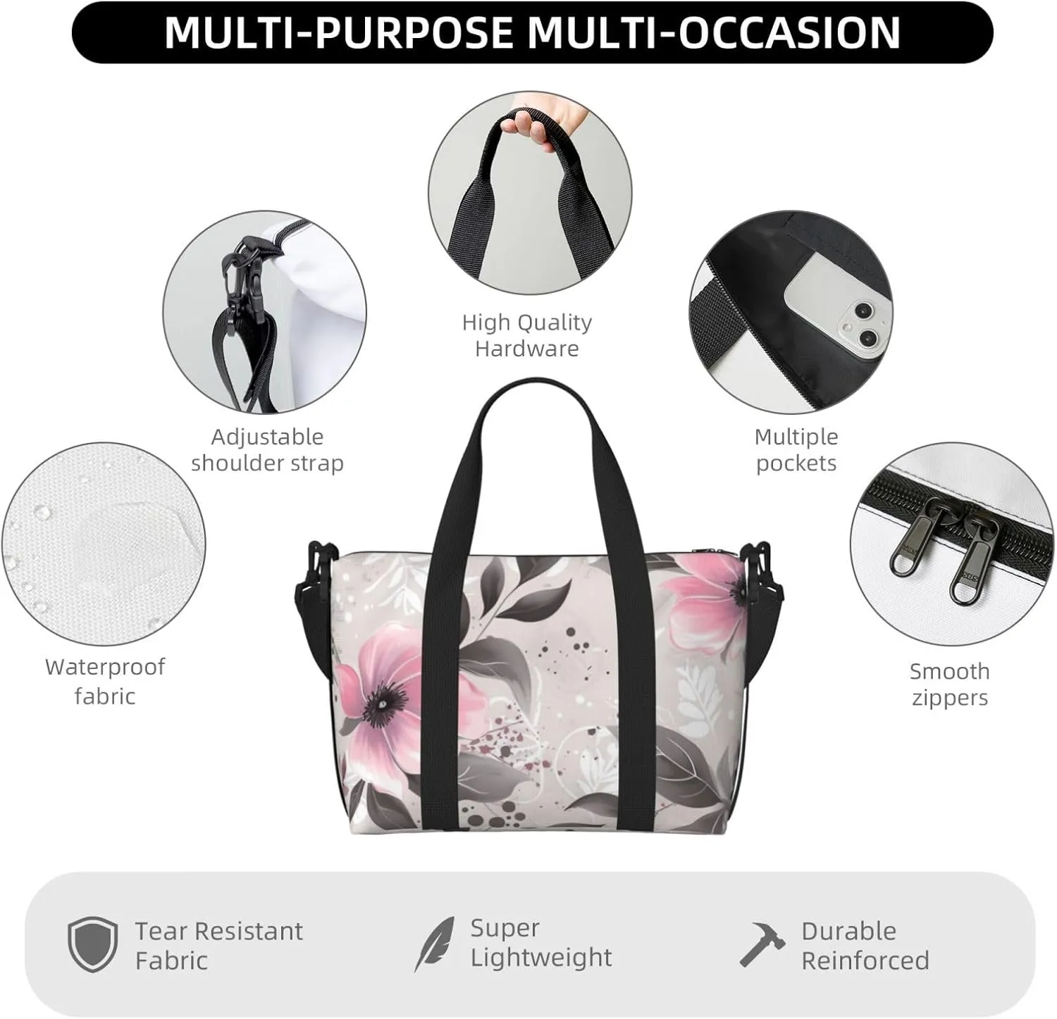 Gym Bags Small Flowers and Leaves on Gray Duffel Bag Overnight Bag with Shoe Compartment Carryon Bag for Men Women