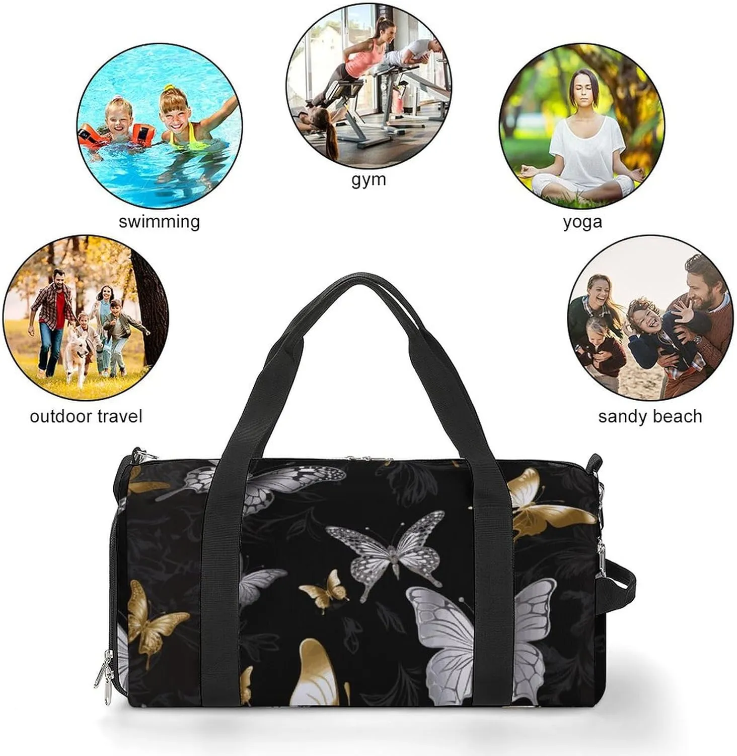 Gym Bags Small Gold White Butterflies Black Duffel Bag Overnight Bag with Shoe Compartment Carryon Bag for Men Women