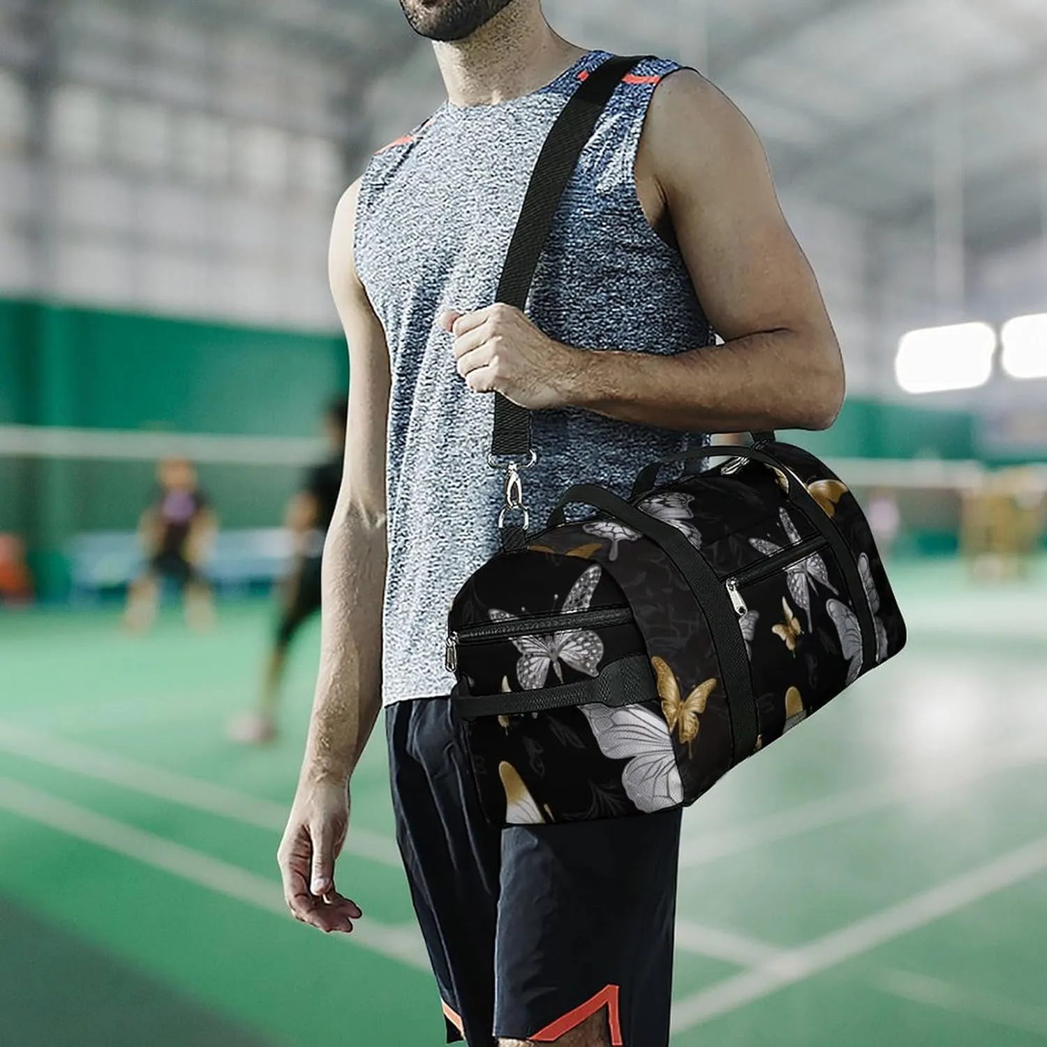 Gym Bags Small Gold White Butterflies Black Duffel Bag Overnight Bag with Shoe Compartment Carryon Bag for Men Women