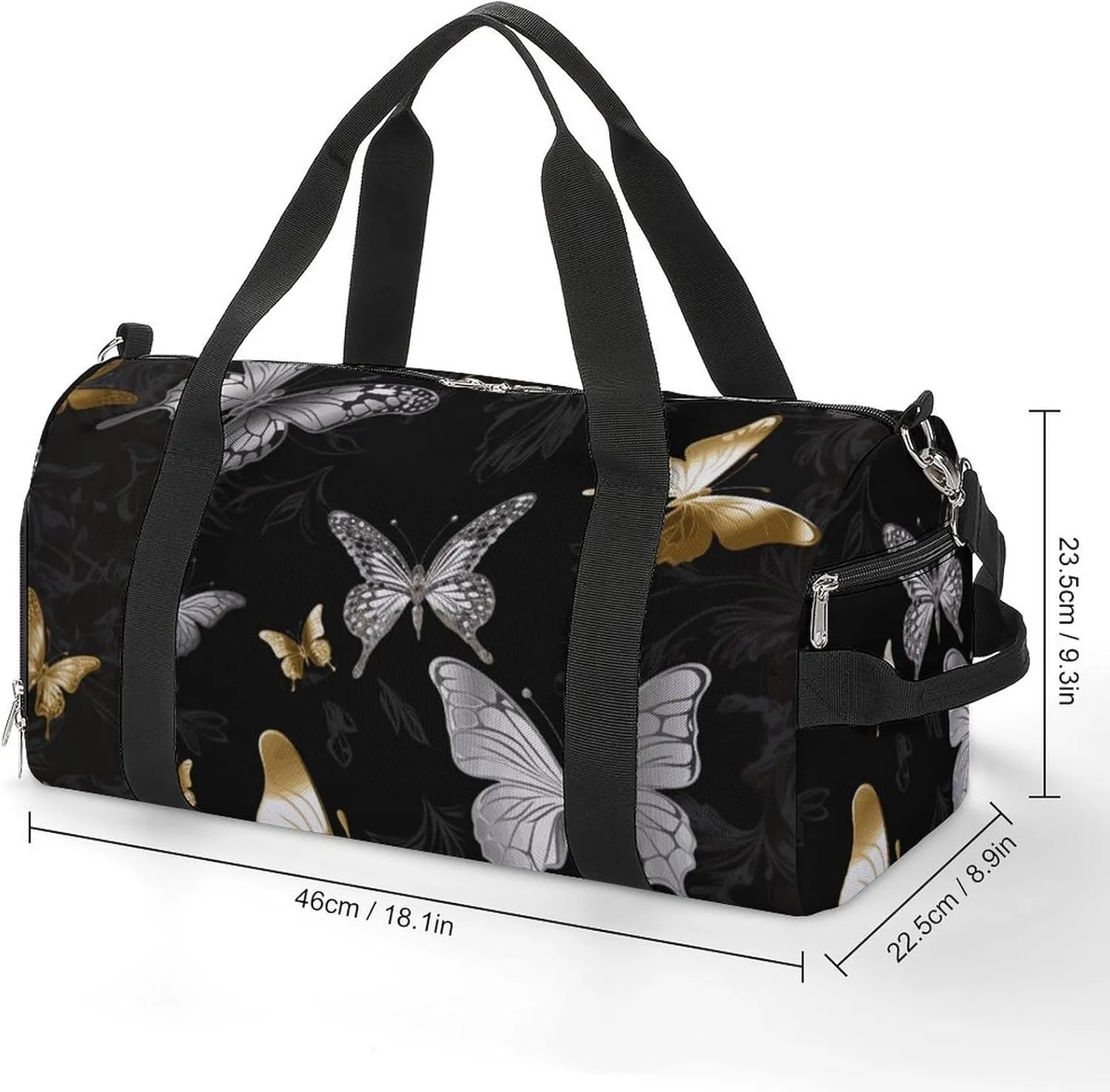 Gym Bags Small Gold White Butterflies Black Duffel Bag Overnight Bag with Shoe Compartment Carryon Bag for Men Women