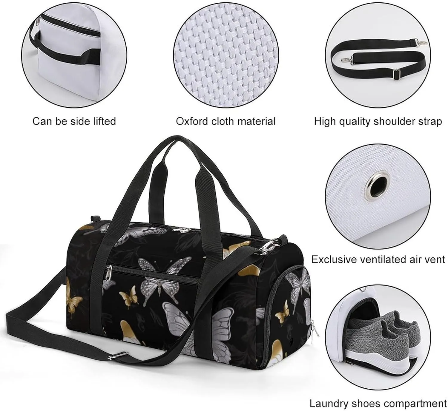 Gym Bags Small Gold White Butterflies Black Duffel Bag Overnight Bag with Shoe Compartment Carryon Bag for Men Women