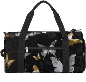 Gym Bags Small Gold White Butterflies Black Duffel Bag Overnight Bag with Shoe Compartment Carryon Bag for Men Women