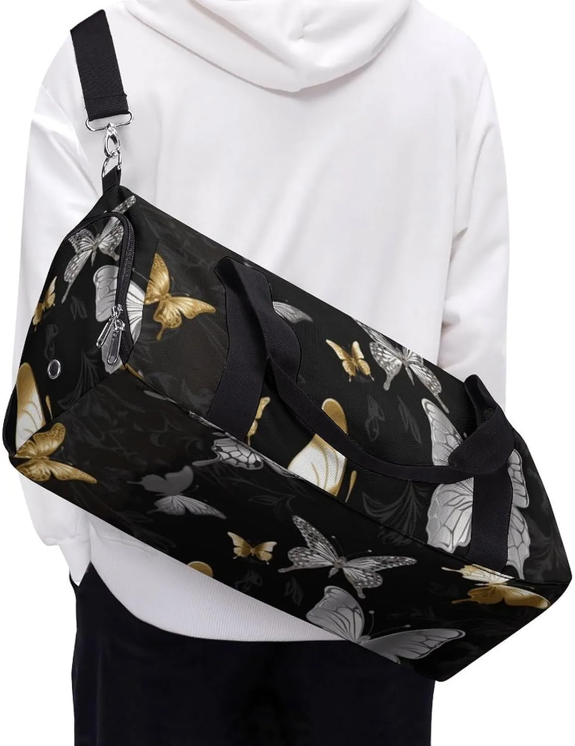 Gym Bags Small Gold White Butterflies Black Duffel Bag Overnight Bag with Shoe Compartment Carryon Bag for Men Women