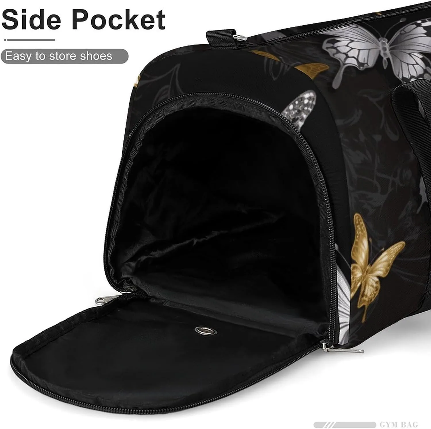 Gym Bags Small Gold White Butterflies Black Duffel Bag Overnight Bag with Shoe Compartment Carryon Bag for Men Women