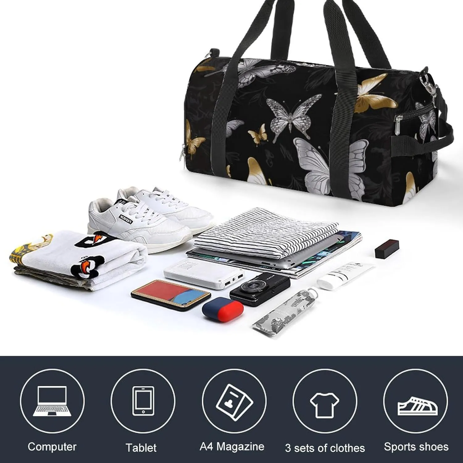 Gym Bags Small Gold White Butterflies Black Duffel Bag Overnight Bag with Shoe Compartment Carryon Bag for Men Women