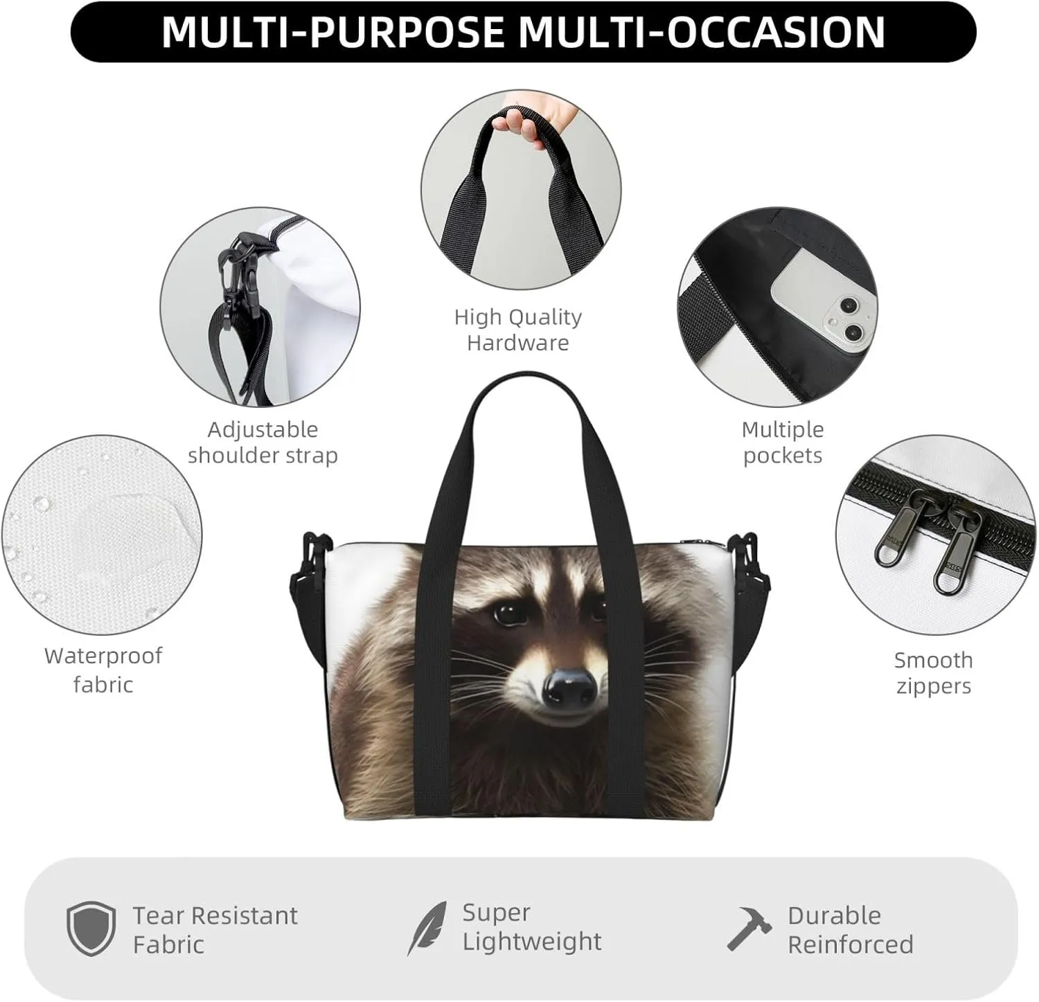 Gym Bags Small Hairy raccoon Duffel Bag Overnight Bag with Shoe Compartment Carryon Bag for Men Women