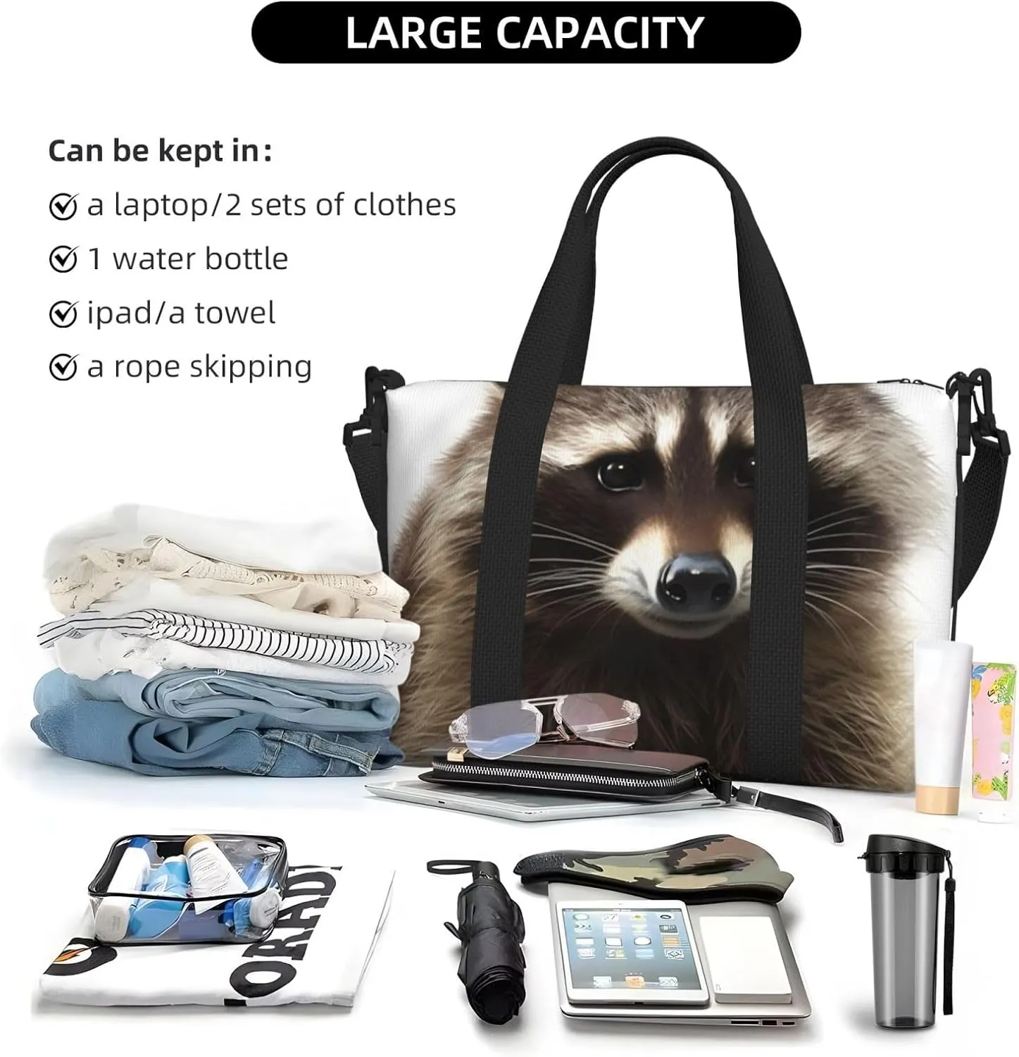 Gym Bags Small Hairy raccoon Duffel Bag Overnight Bag with Shoe Compartment Carryon Bag for Men Women