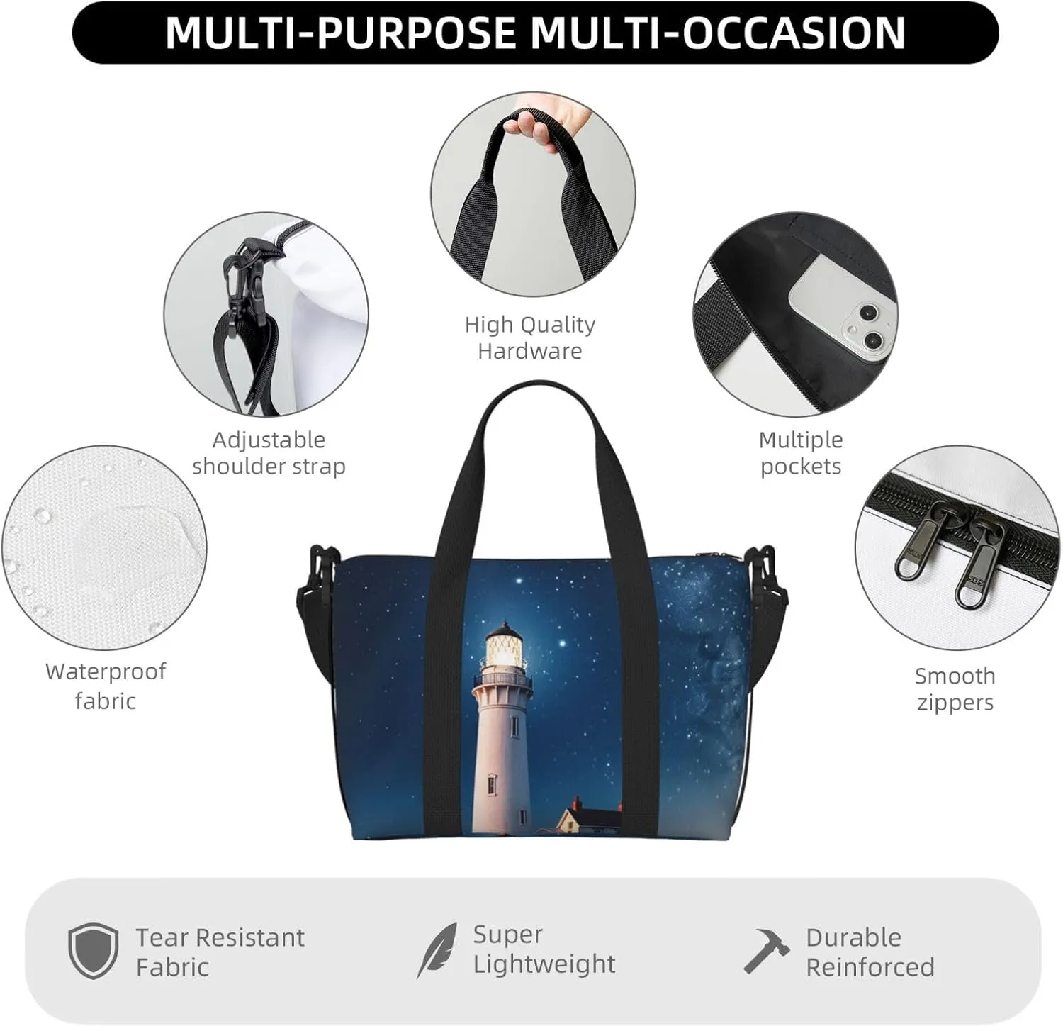 Gym Bags Small Lighthouse under the stars Duffel Bag Overnight Bag with Shoe Compartment Carryon Bag for Men Women