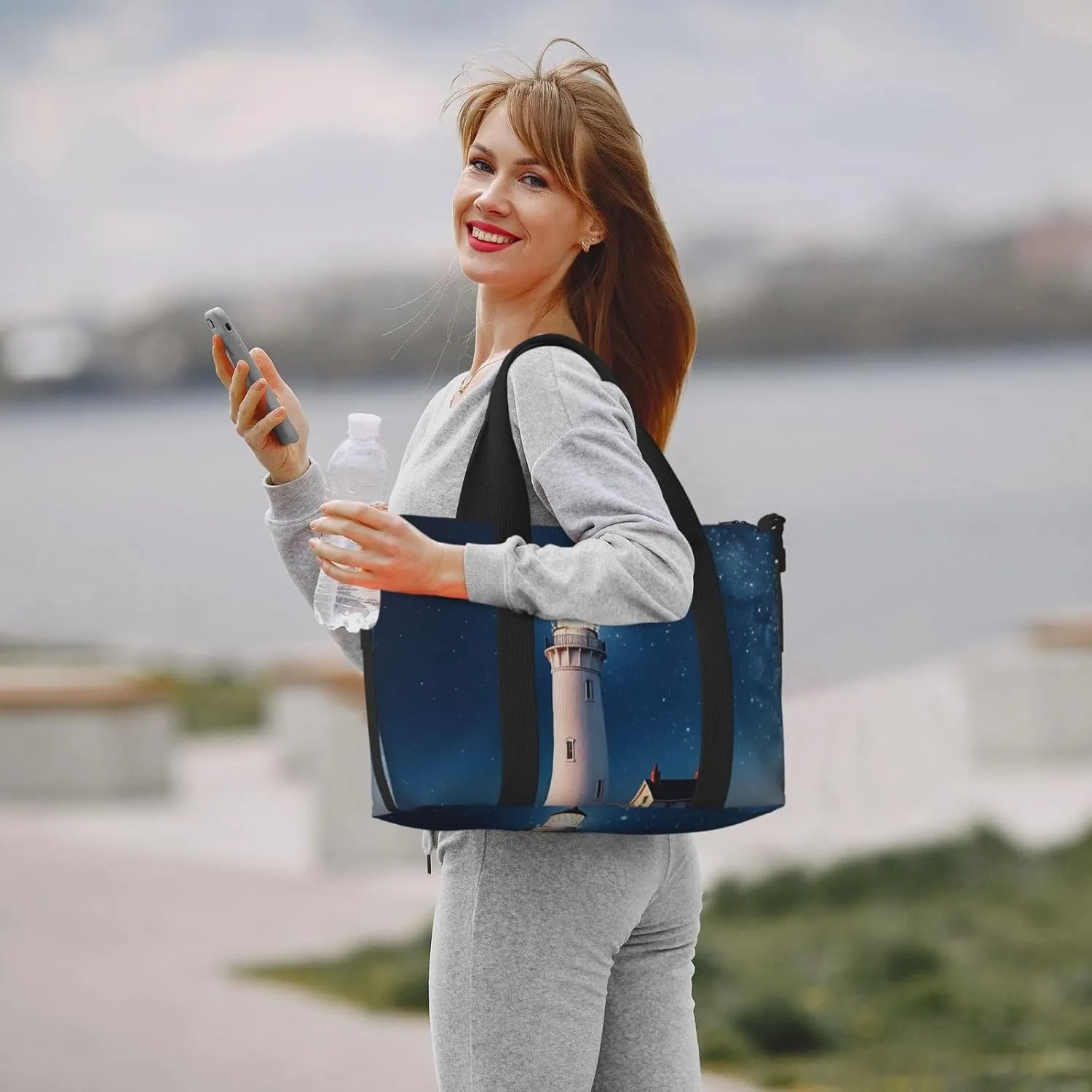 Gym Bags Small Lighthouse under the stars Duffel Bag Overnight Bag with Shoe Compartment Carryon Bag for Men Women