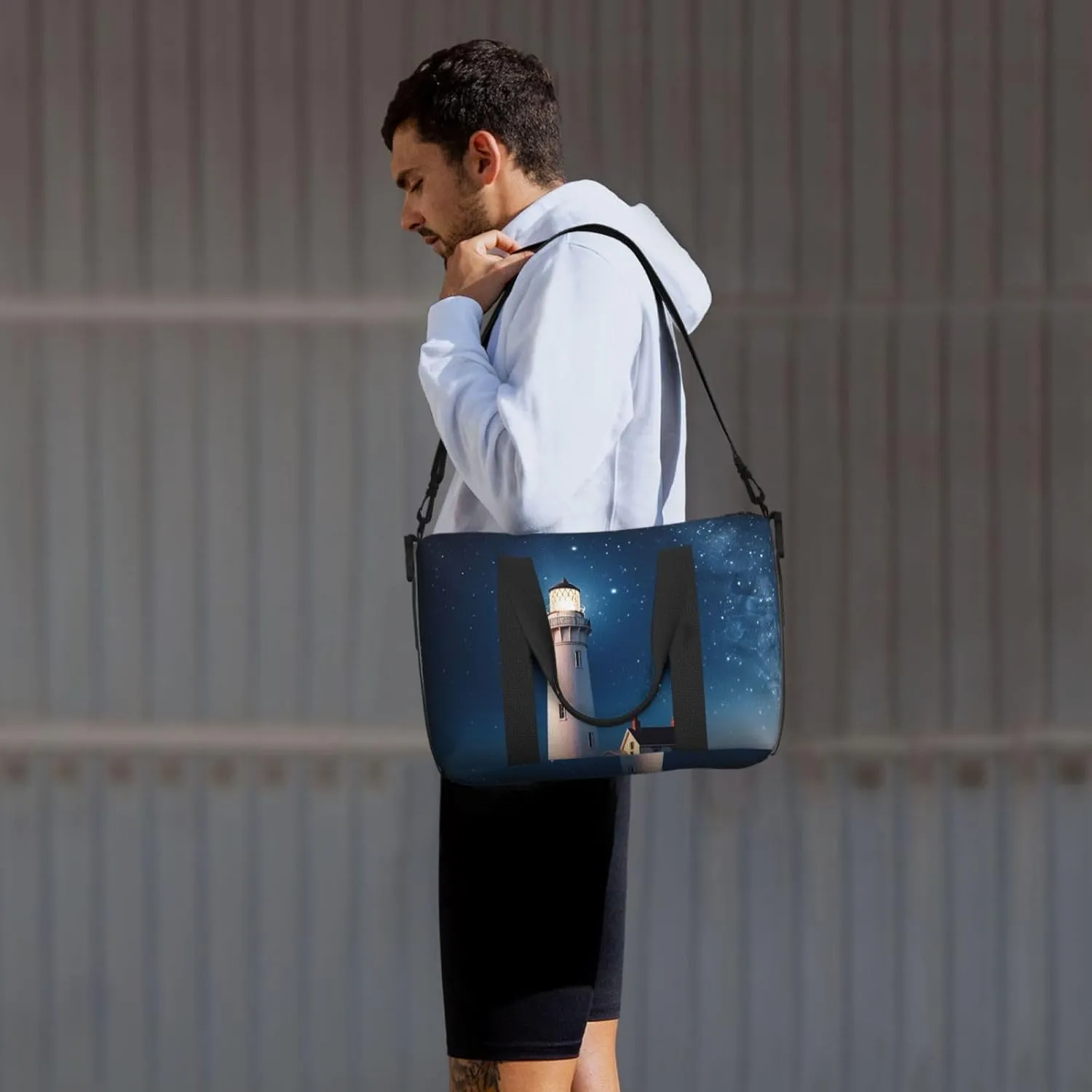Gym Bags Small Lighthouse under the stars Duffel Bag Overnight Bag with Shoe Compartment Carryon Bag for Men Women