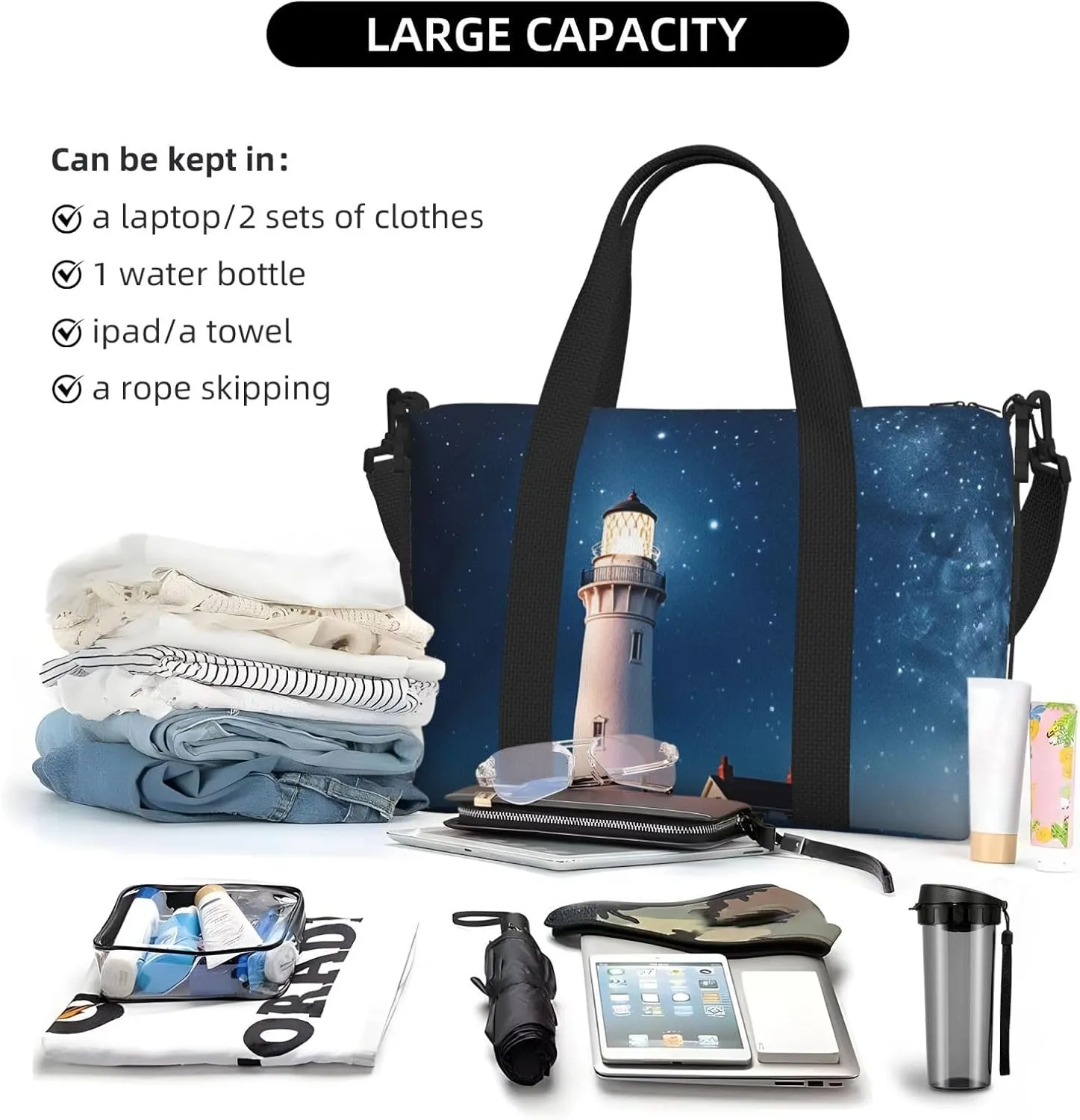 Gym Bags Small Lighthouse under the stars Duffel Bag Overnight Bag with Shoe Compartment Carryon Bag for Men Women