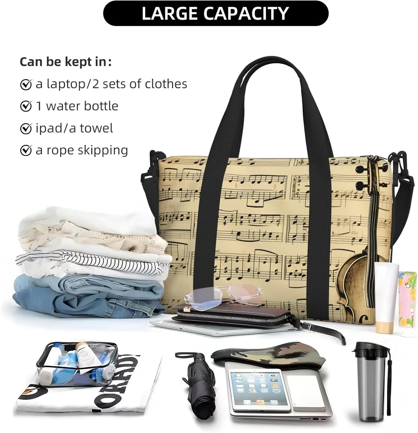 Gym Bags Small Music Notes on Old Paper Duffel Bag Overnight Bag with Shoe Compartment Carryon Bag for Men Women