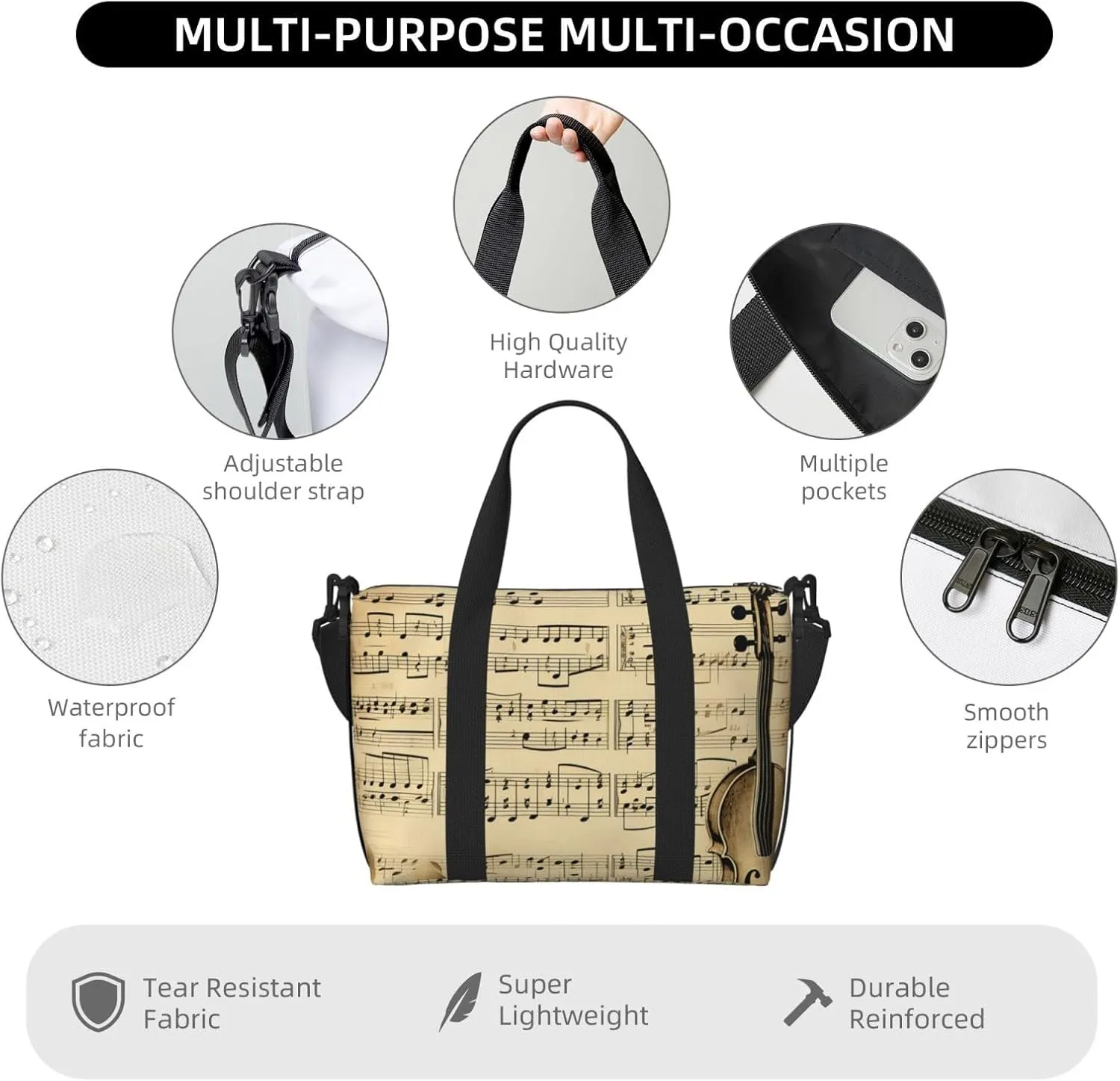 Gym Bags Small Music Notes on Old Paper Duffel Bag Overnight Bag with Shoe Compartment Carryon Bag for Men Women