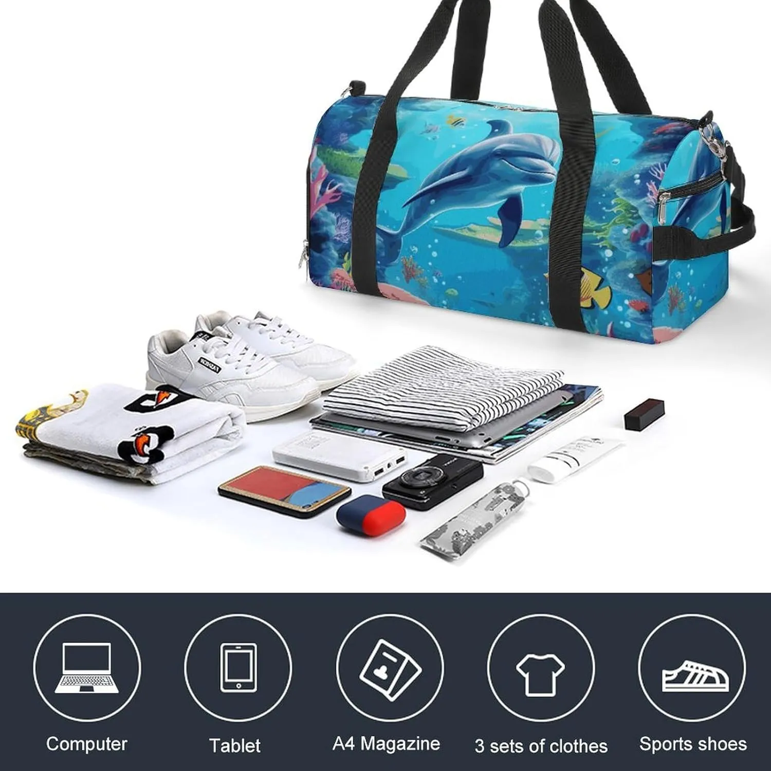 Gym Bags Small Ocean Underwater Dolphin Fish Duffel Bag Overnight Bag with Shoe Compartment Carryon Bag for Men Women