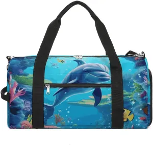 Gym Bags Small Ocean Underwater Dolphin Fish Duffel Bag Overnight Bag with Shoe Compartment Carryon Bag for Men Women
