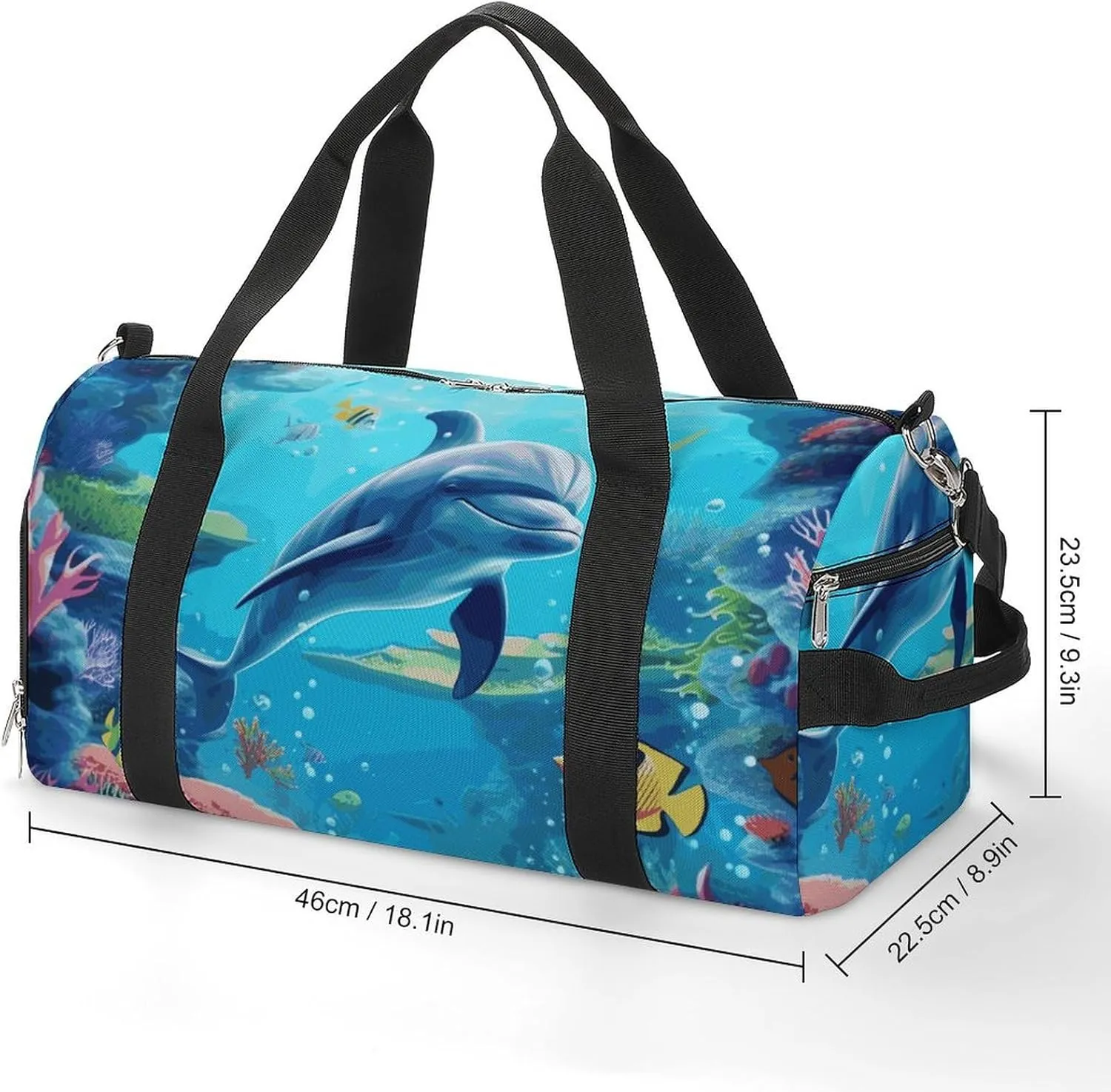 Gym Bags Small Ocean Underwater Dolphin Fish Duffel Bag Overnight Bag with Shoe Compartment Carryon Bag for Men Women
