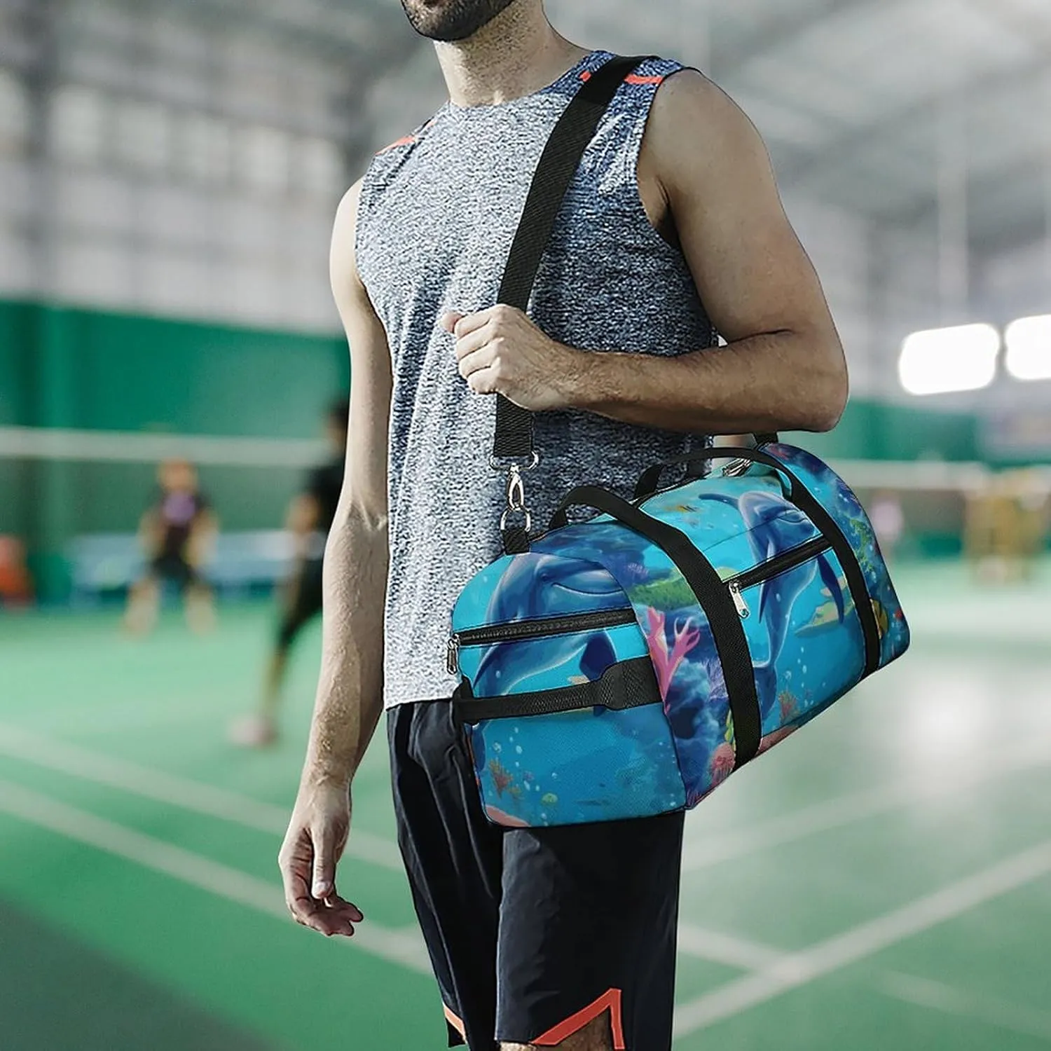 Gym Bags Small Ocean Underwater Dolphin Fish Duffel Bag Overnight Bag with Shoe Compartment Carryon Bag for Men Women