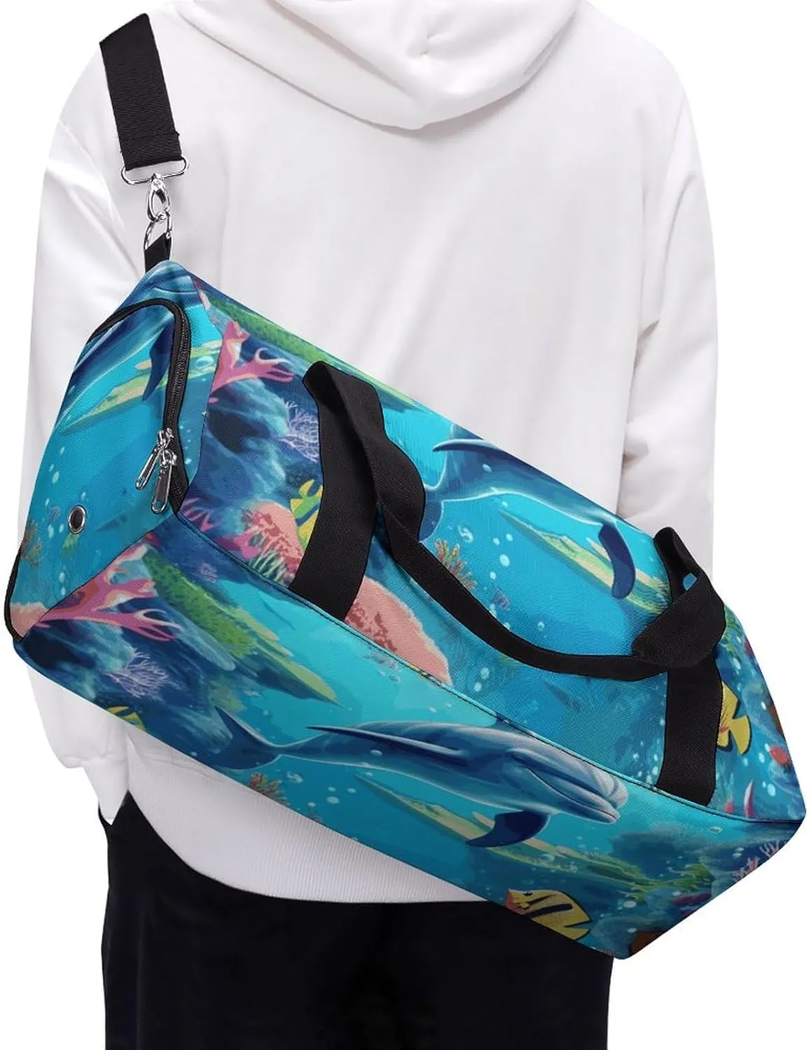 Gym Bags Small Ocean Underwater Dolphin Fish Duffel Bag Overnight Bag with Shoe Compartment Carryon Bag for Men Women