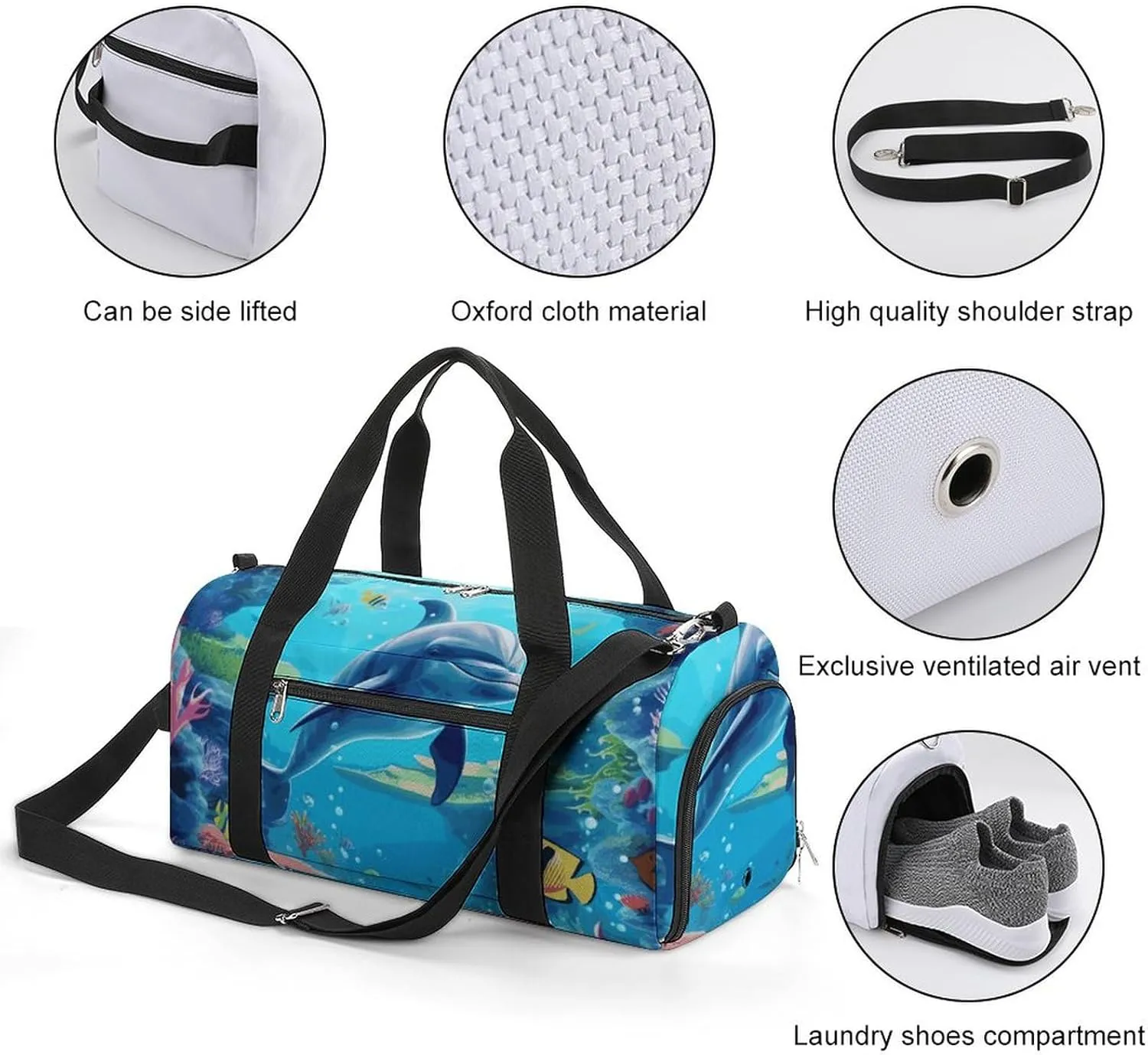 Gym Bags Small Ocean Underwater Dolphin Fish Duffel Bag Overnight Bag with Shoe Compartment Carryon Bag for Men Women