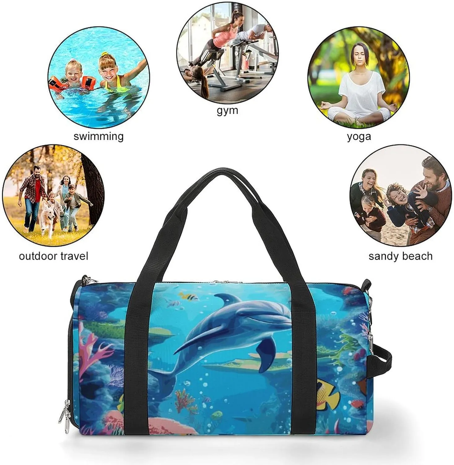 Gym Bags Small Ocean Underwater Dolphin Fish Duffel Bag Overnight Bag with Shoe Compartment Carryon Bag for Men Women
