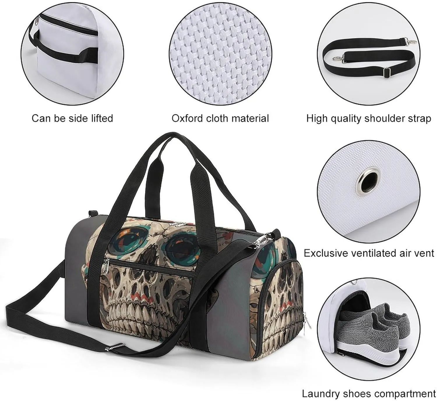 Gym Bags Small Skull Rock Roll Skeleton Bone Duffel Bag Overnight Bag with Shoe Compartment Carryon Bag for Men Women