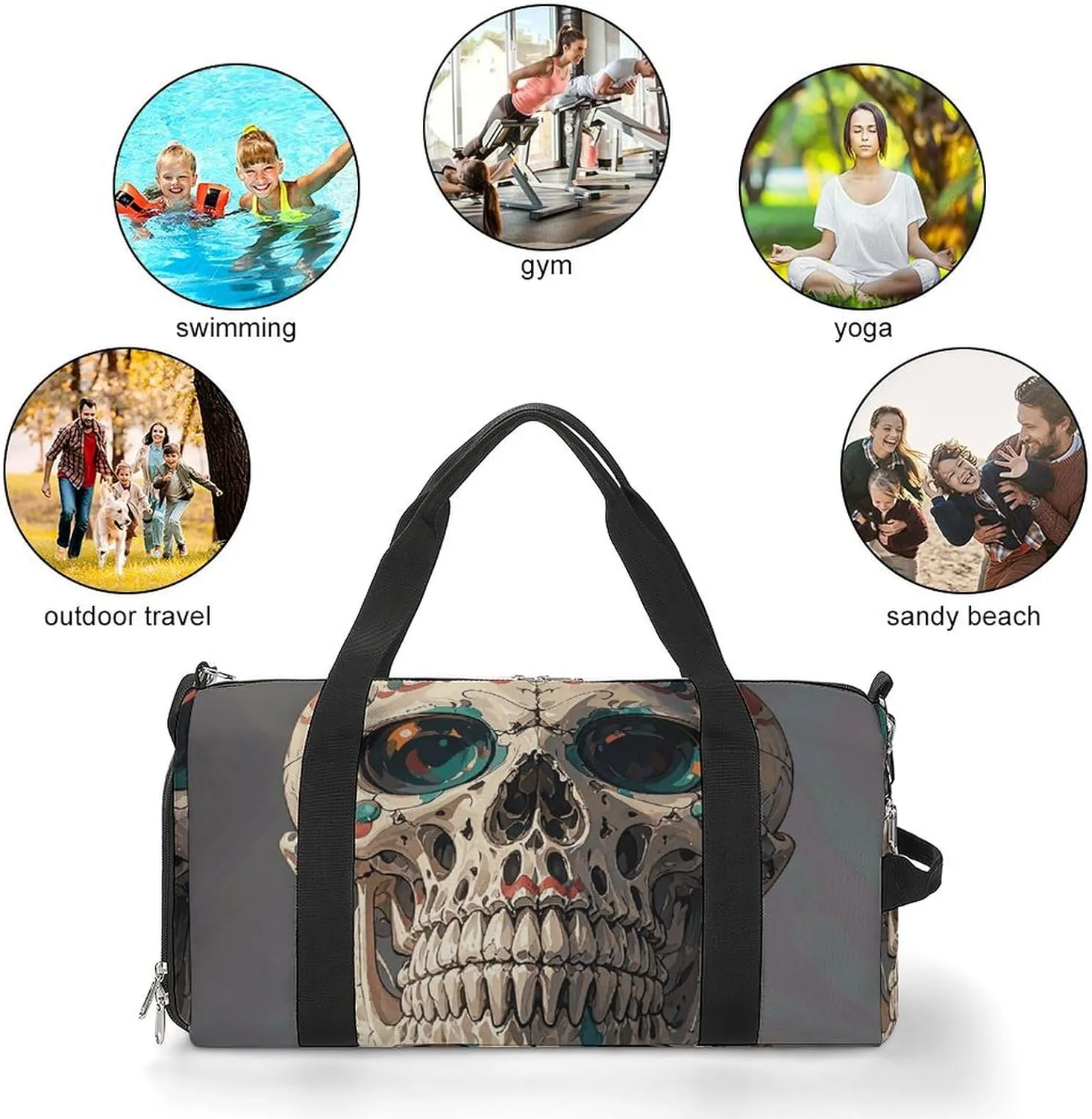 Gym Bags Small Skull Rock Roll Skeleton Bone Duffel Bag Overnight Bag with Shoe Compartment Carryon Bag for Men Women