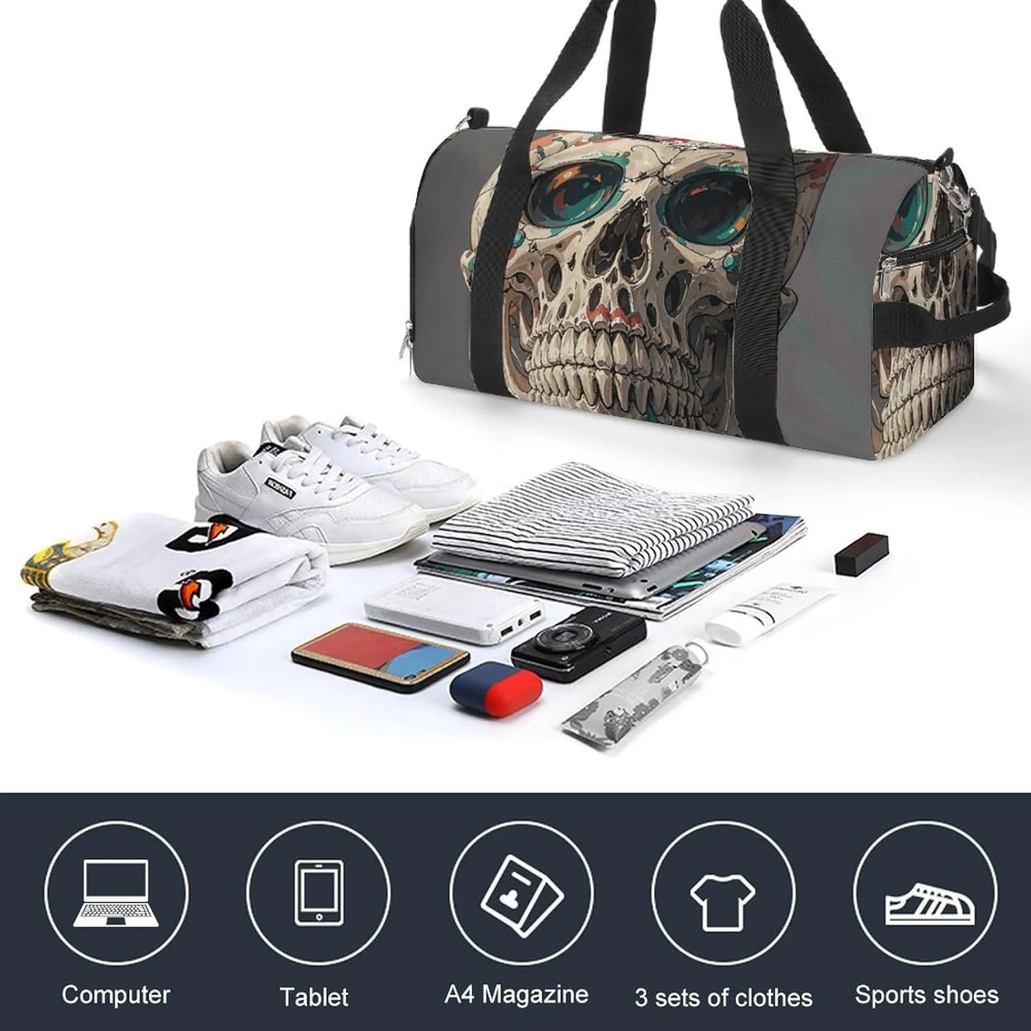 Gym Bags Small Skull Rock Roll Skeleton Bone Duffel Bag Overnight Bag with Shoe Compartment Carryon Bag for Men Women