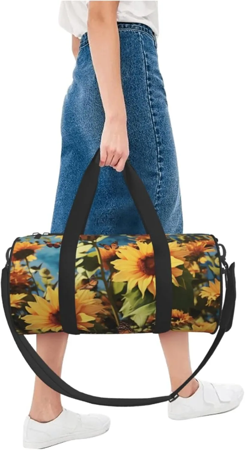 Gym Bags Small Sunflowers and butterflies Duffel Bag Overnight Bag with Shoe Compartment Carryon Bag for Men Women