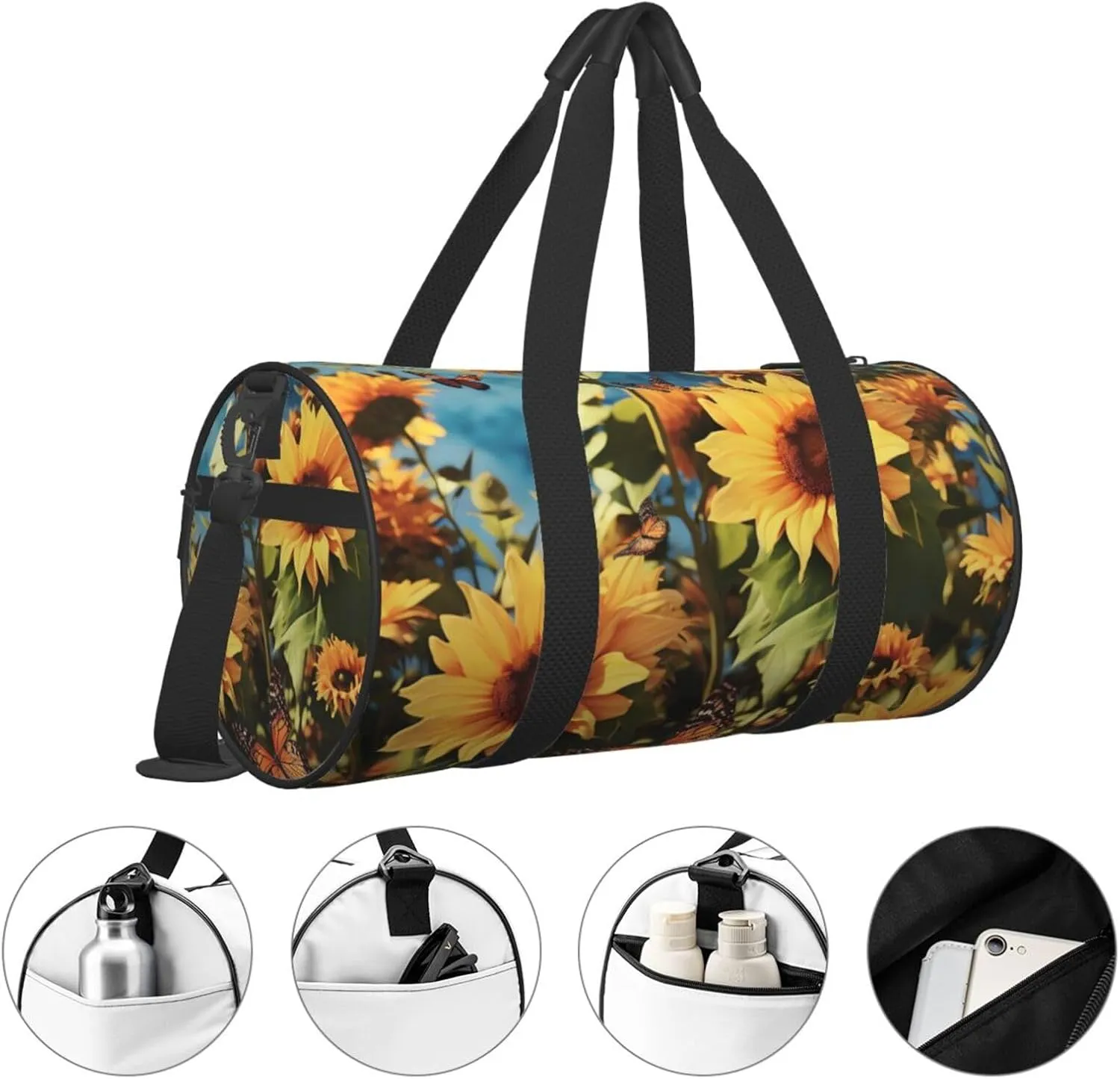 Gym Bags Small Sunflowers and butterflies Duffel Bag Overnight Bag with Shoe Compartment Carryon Bag for Men Women