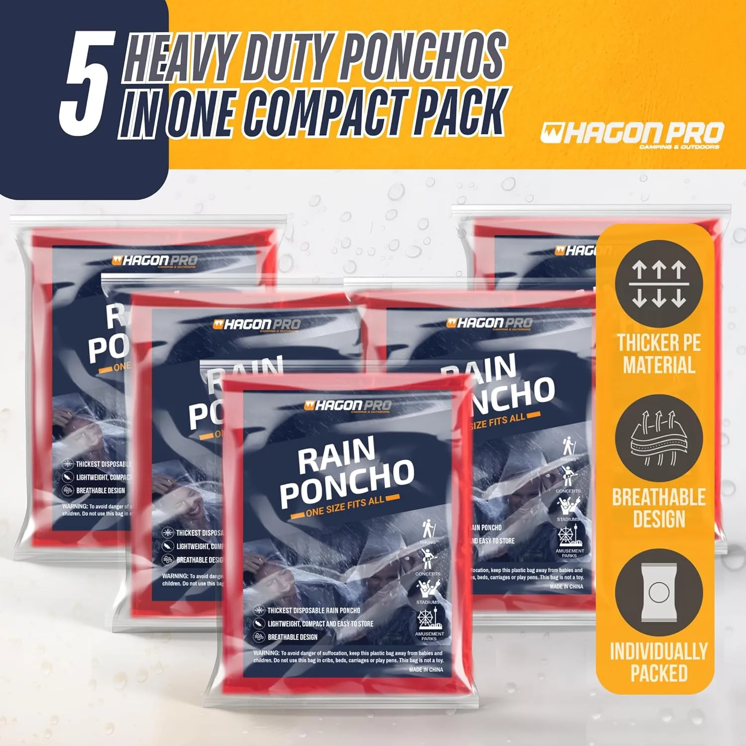 Hagon PRO Disposable Rain Ponchos for Adults (5 Pack)