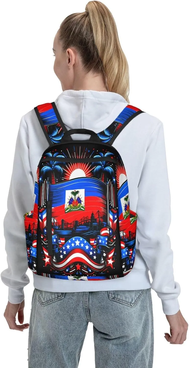 Haiti Flag Day Haitian Pride Casual Backpacks Large Capacity Laptop Backpack Sports Fitness Rucksack Travel Carry-On Daypack Work Bag for Outdoor Camping