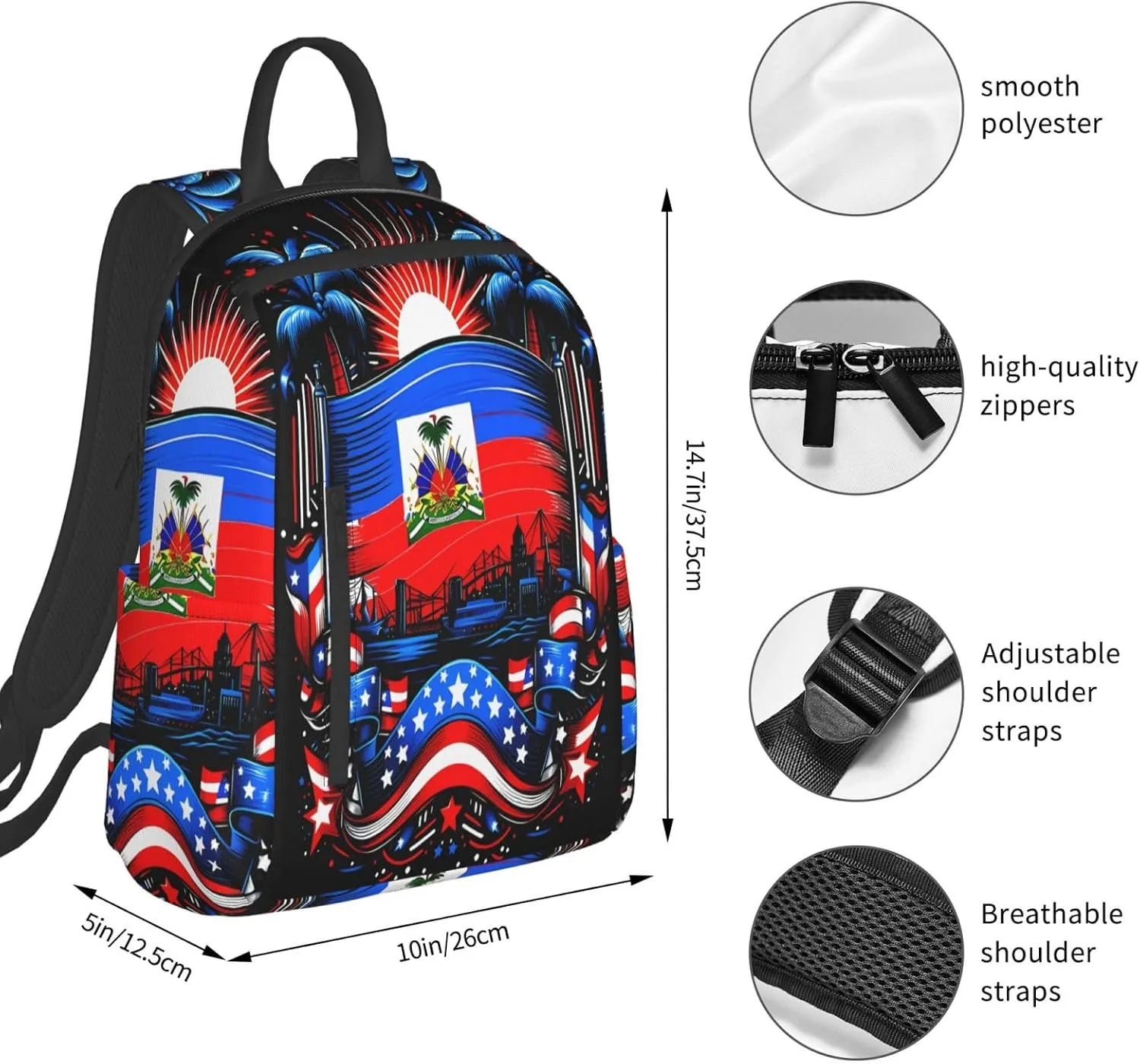 Haiti Flag Day Haitian Pride Casual Backpacks Large Capacity Laptop Backpack Sports Fitness Rucksack Travel Carry-On Daypack Work Bag for Outdoor Camping