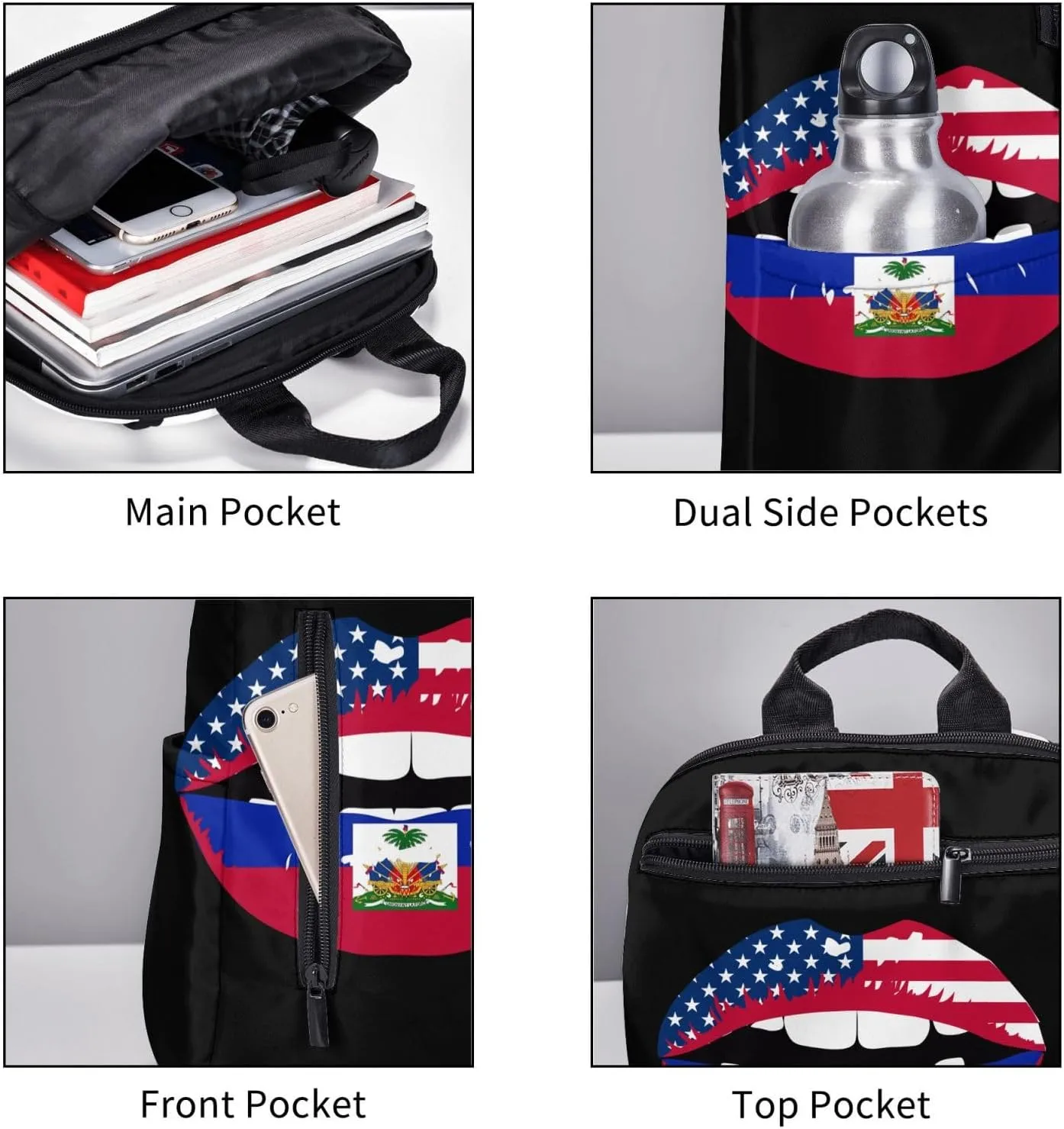 Haiti Haitian American Flag Lips Casual Backpacks Large Capacity Laptop Backpack Sports Fitness Rucksack Travel Carry-On Daypack Work Bag for Outdoor Camping