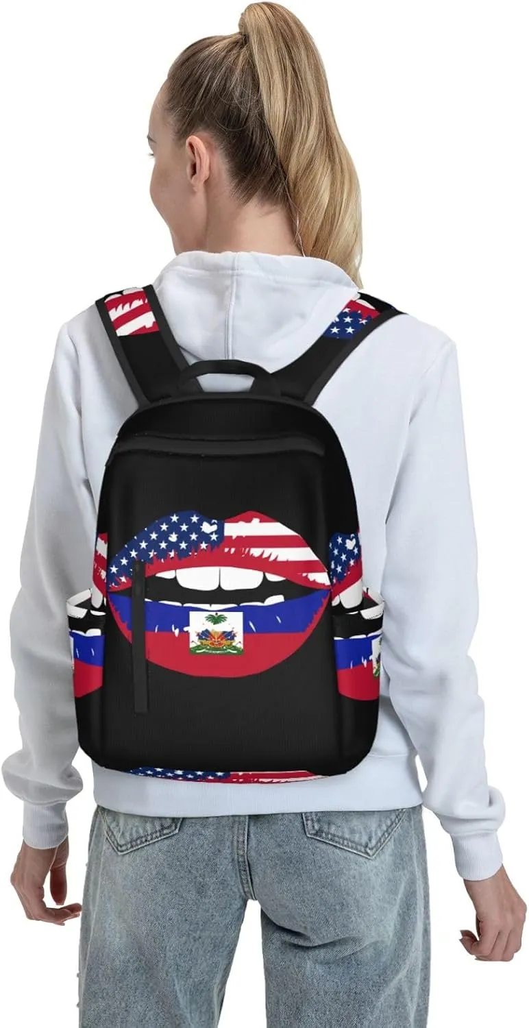 Haiti Haitian American Flag Lips Casual Backpacks Large Capacity Laptop Backpack Sports Fitness Rucksack Travel Carry-On Daypack Work Bag for Outdoor Camping