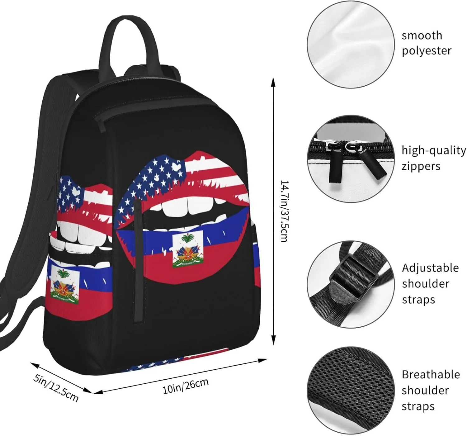 Haiti Haitian American Flag Lips Casual Backpacks Large Capacity Laptop Backpack Sports Fitness Rucksack Travel Carry-On Daypack Work Bag for Outdoor Camping