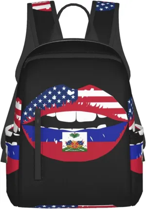Haiti Haitian American Flag Lips Casual Backpacks Large Capacity Laptop Backpack Sports Fitness Rucksack Travel Carry-On Daypack Work Bag for Outdoor Camping