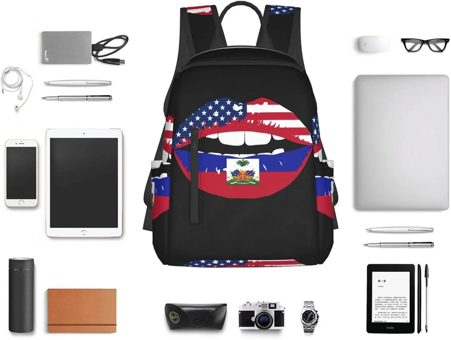 Haiti Haitian American Flag Lips Casual Backpacks Large Capacity Laptop Backpack Sports Fitness Rucksack Travel Carry-On Daypack Work Bag for Outdoor Camping