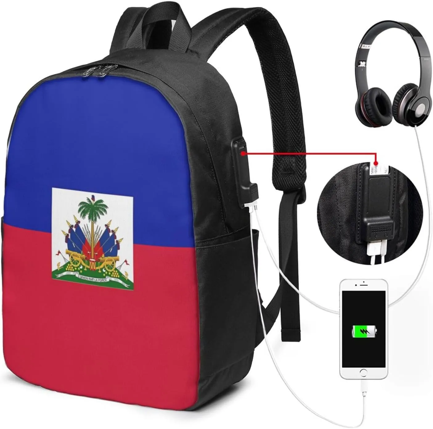 Haiti Haitian Flag Travel Backpack 17-Inch Laptop Backpacks Business Rucksack Casual Sport Daypack with USB Charging Port Carry-on Bag for Camping Biking