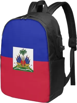Haiti Haitian Flag Travel Backpack 17-Inch Laptop Backpacks Business Rucksack Casual Sport Daypack with USB Charging Port Carry-on Bag for Camping Biking