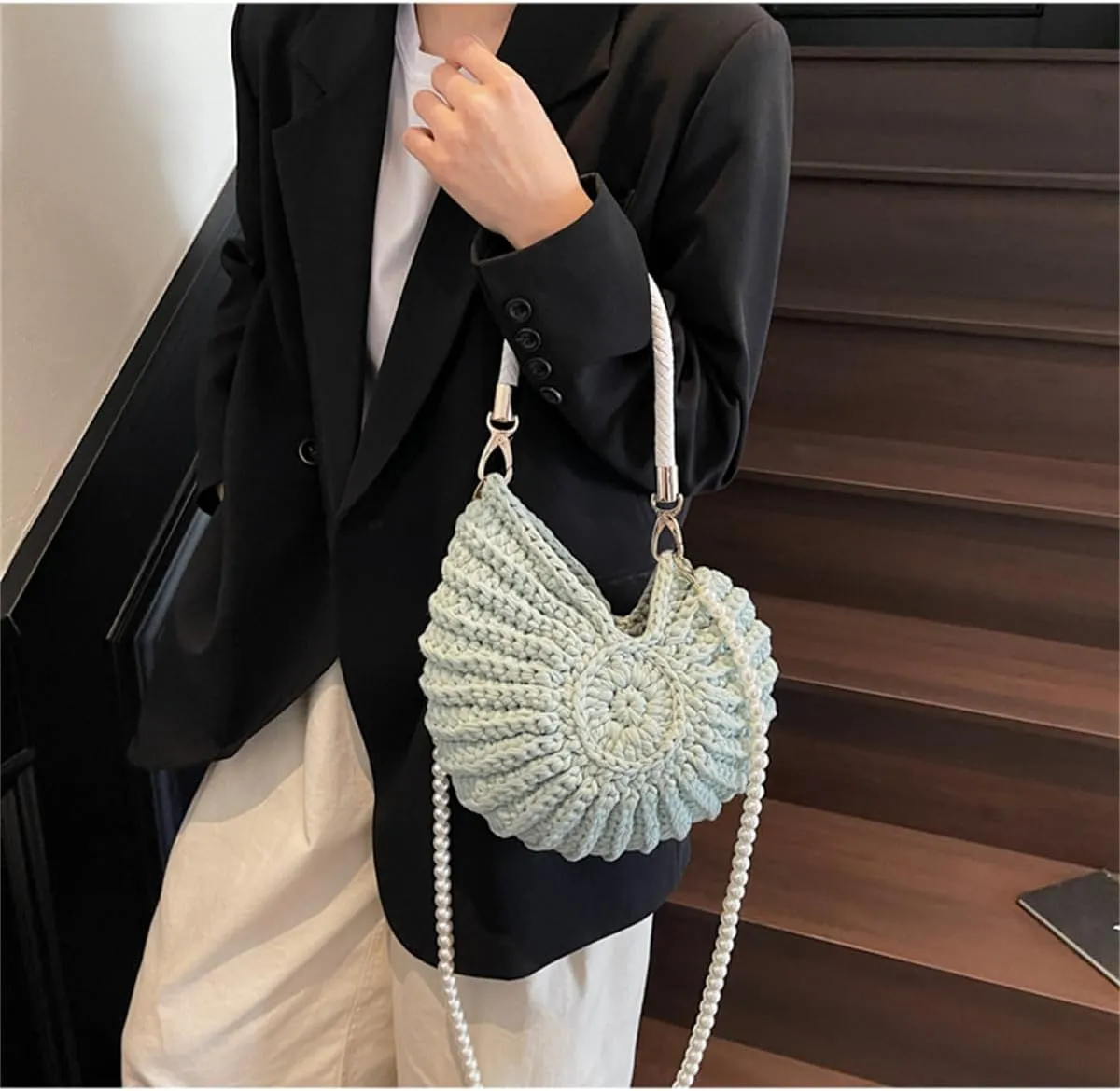 Handwoven Fashion Seashell Bag for Women,Stylish & Unique Boho Clutch with Pearl Strap,Crochet Leather Handle Beach Bag