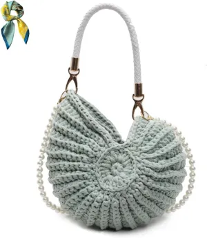 Handwoven Fashion Seashell Bag for Women,Stylish & Unique Boho Clutch with Pearl Strap,Crochet Leather Handle Beach Bag