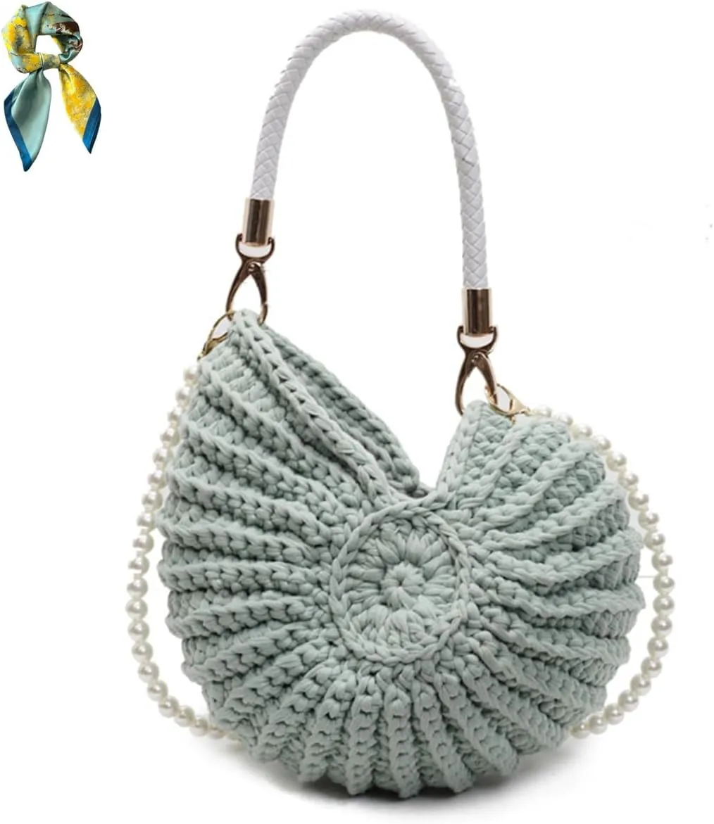 Handwoven Fashion Seashell Bag for Women,Stylish & Unique Boho Clutch with Pearl Strap,Crochet Leather Handle Beach Bag