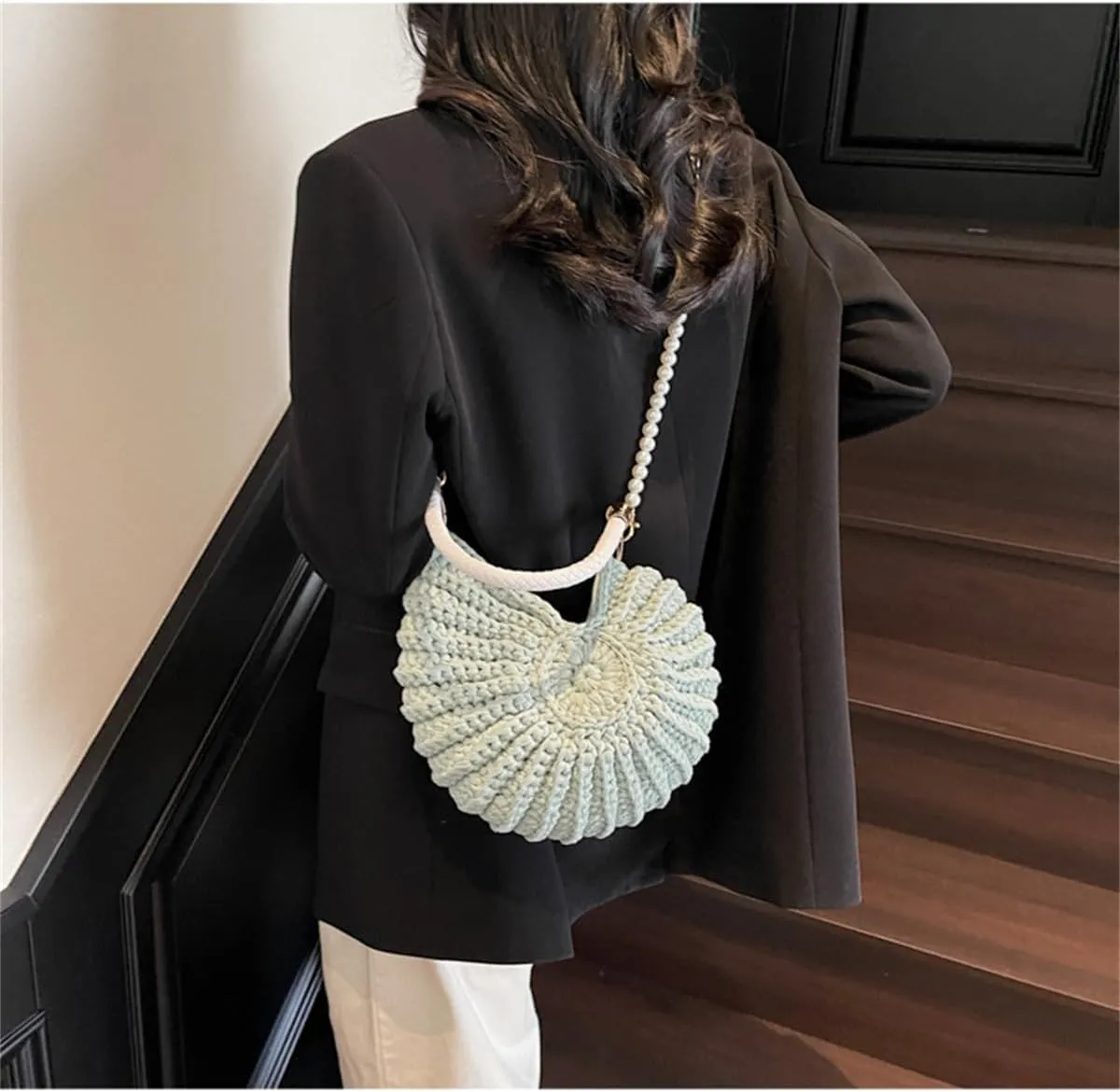 Handwoven Fashion Seashell Bag for Women,Stylish & Unique Boho Clutch with Pearl Strap,Crochet Leather Handle Beach Bag
